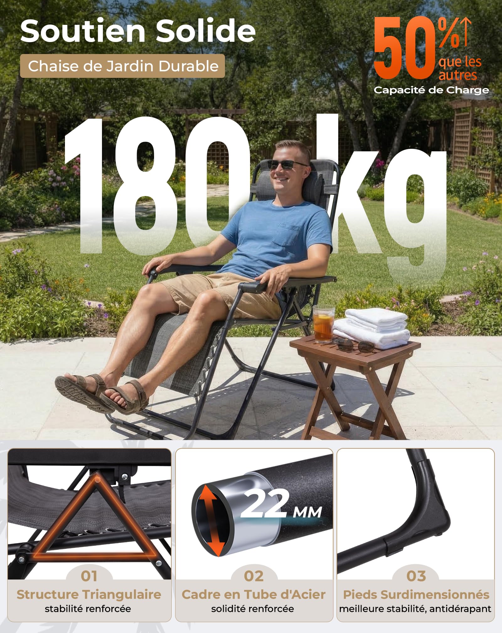 KingCamp Chaise Longue Gravité Zéro Inclinable, Jusqu'à 180 kg, Lot de 2 | Fauteuil Relax avec Appui-tête, Transat Longue de Jardin Réglable 90-130°, Textilène et Acier, pour Piscine Camping Jardin