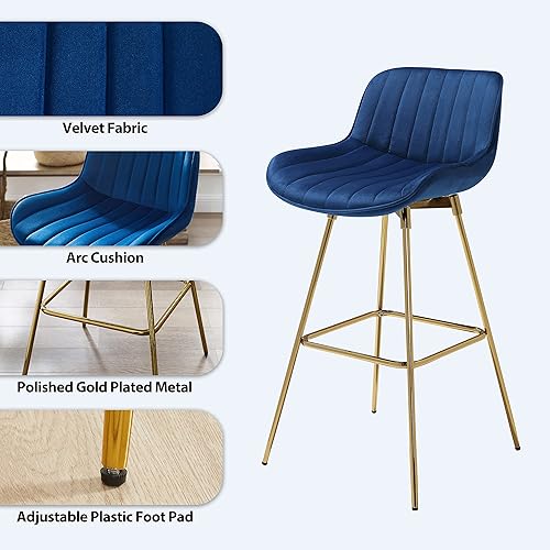 Miniatura 14 de Art Leon Juego de 2 taburetes de bar giratorios de 29 pulgadas de altura de mostrador con respaldo, silla tapizada de terciopelo, dorado para
