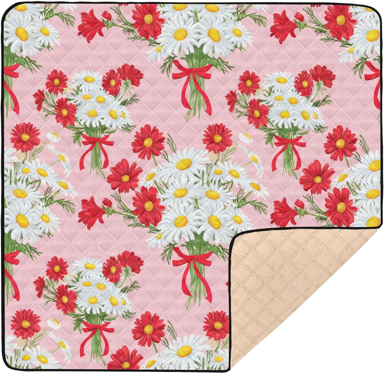 Doodle Daisy Bouquet Baby Play Mat, 50“ X 50” Washable Folding Crawling Mat, Baby Floor Mat, Soft, Thick, Non-Slip