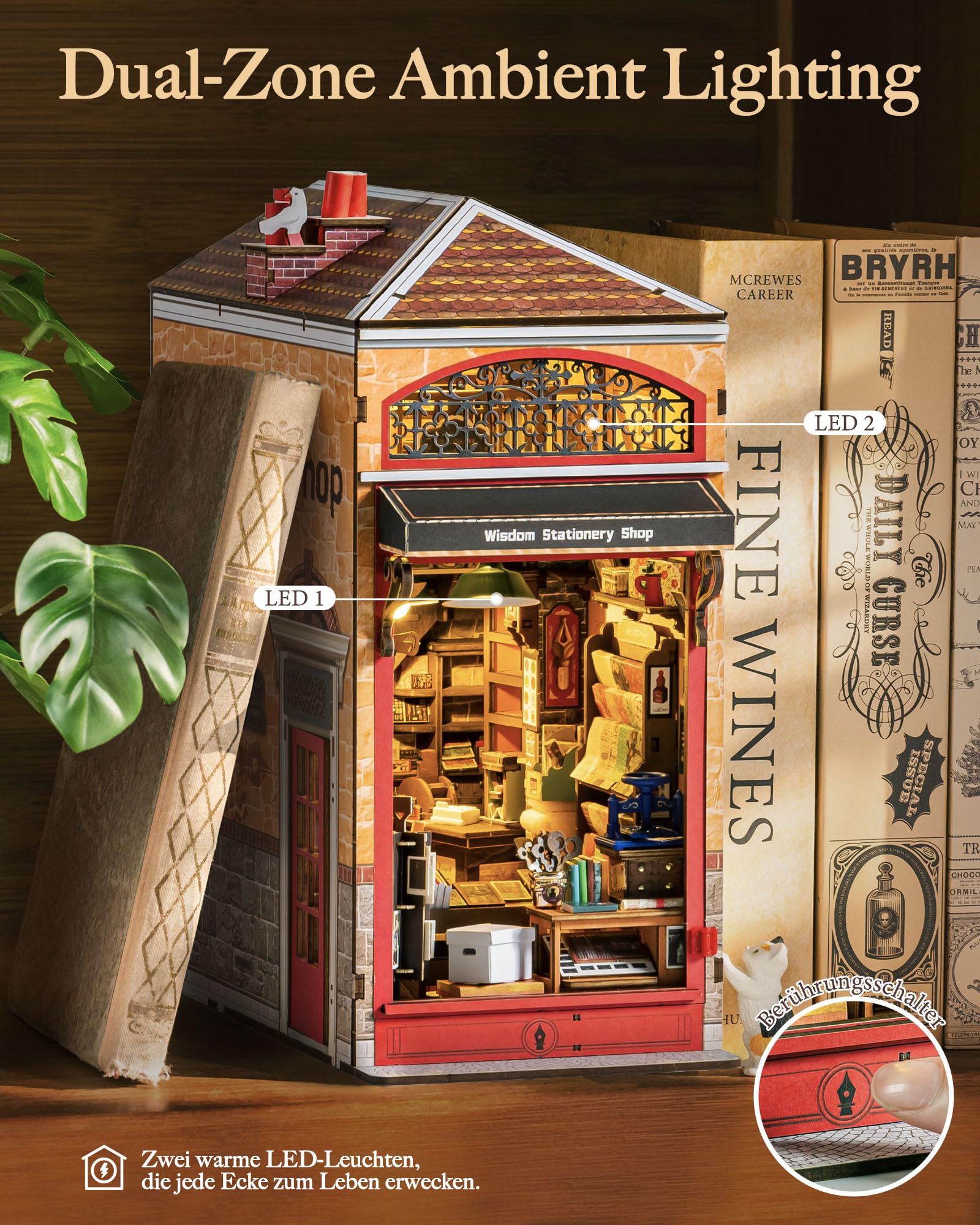 Rolife Wisdom Stationery Shop Book Nook Kit für Erwachsene mit Licht | DIY Miniaturhaus Ohne Kleber, 194-teiliges 3D-Puzzle, Booknook Library Buchstütze Basteln als Haus Dekoration Geschenkidee