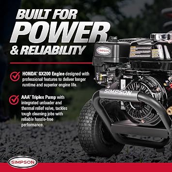 SIMPSON Cleaning PS3228 PowerShot 3300 PSI Gas Pressure Washer, 2.5 GPM, Honda GX200 Engine, Includes Spray Gun and Extension Wand, 5 QC Nozzle Tips, 5/16-inch x 25-foot MorFlex Hose, 49-State