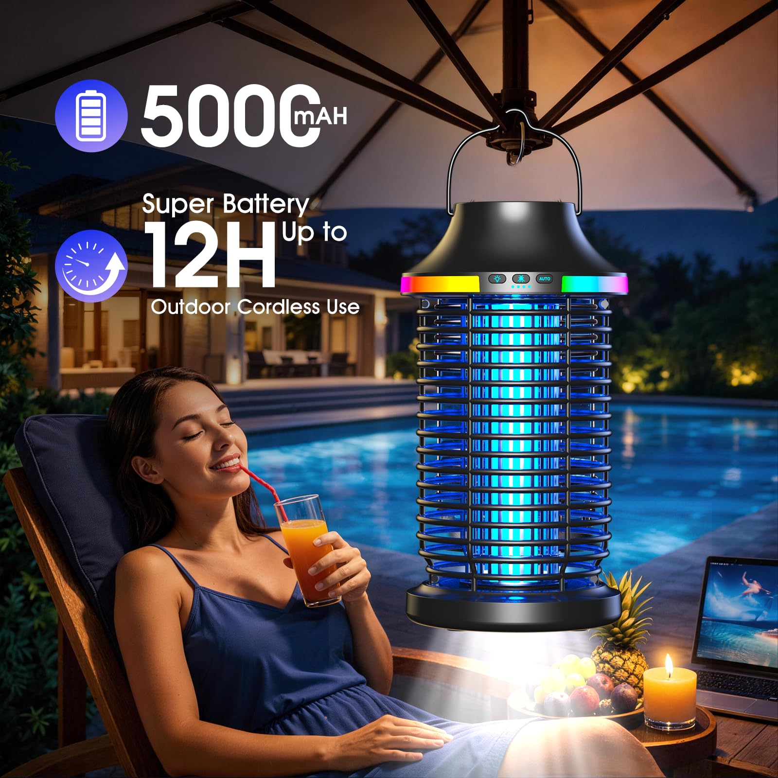 Eliminador de insectos para exteriores, inalámbrico, 2026, 4200 V, eléctrico, 5 en 1, recargable, para exteriores, impermeable, con batería de 5000 mAh, matamoscas portátil para patio, camping