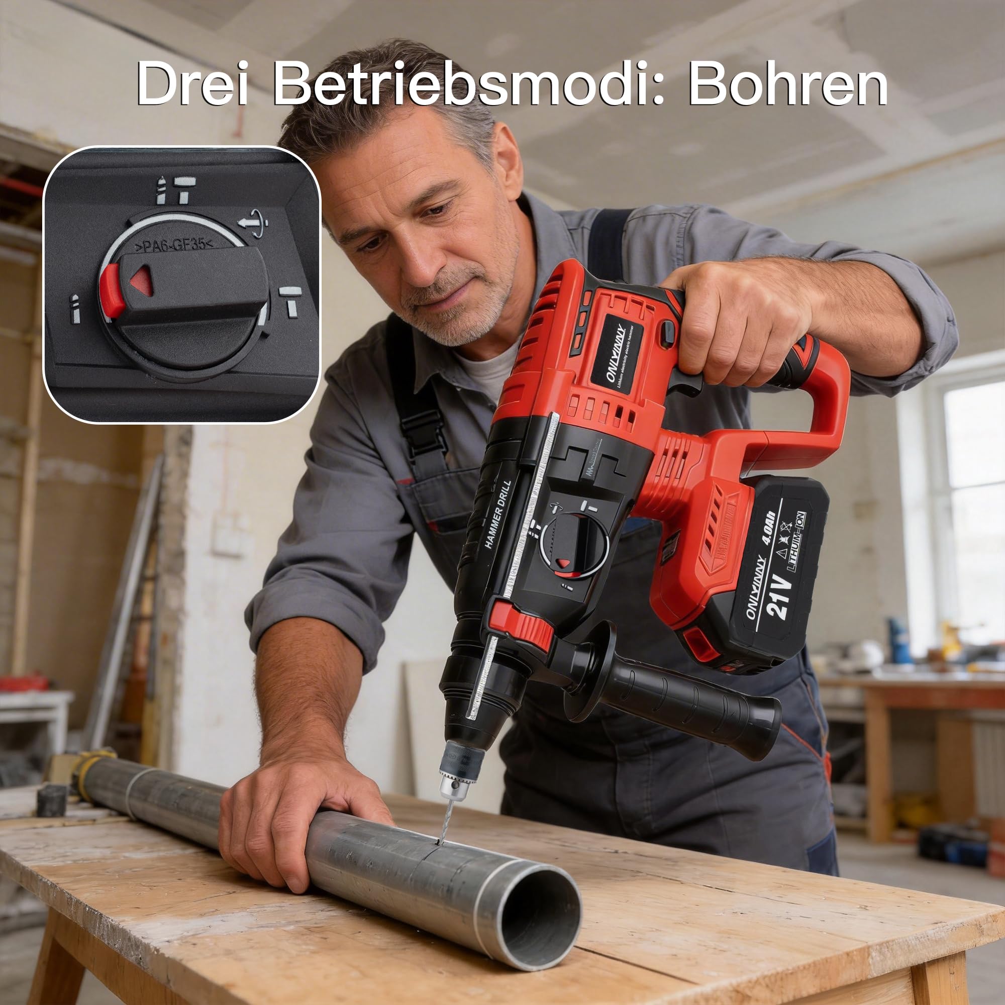 Akku Bohrhammer SDS Plus, Bürstenloser Motor Schlagbohrmaschine mit 3-in-1 Modus (Hammerbohren/Meißeln/Bohren), Kompatibel mit Makita 18V Akku, 4.0Ah 2x Akku Ladegerät im Koffer