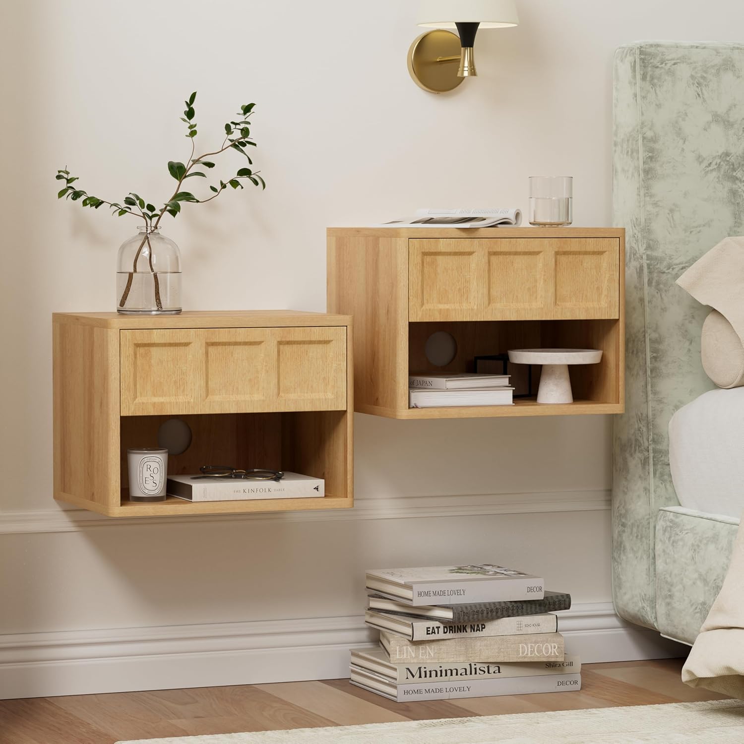 EYYTHUNG Floating Nightstand Set of 2, Wall Mounted Bedside Table with Storage Drawer and Open Shelf, Night Stand with Curved Corners for Living Room, Bedroom, Dorm, Natural Oak
