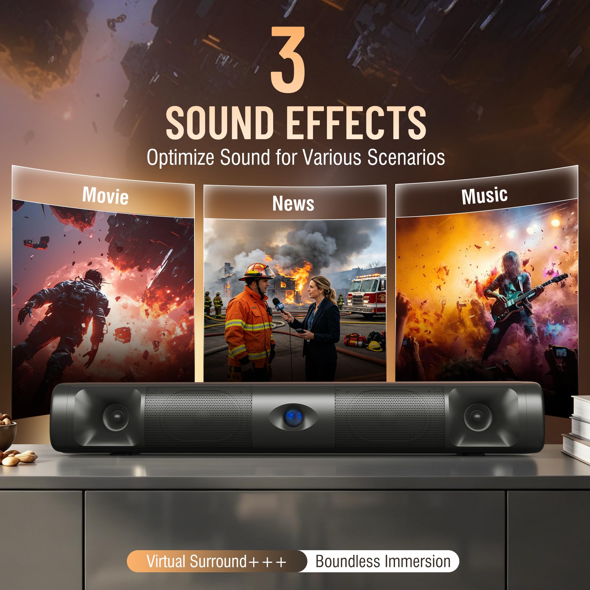 Soundbar für Smart TV, 60W Bluetooth 5.3 Soundbar mit tiefem Bass & klarer Stimme, Surround-Sound mit TV ARC/Optisch/AUX, Schlanke 43,2 cm Wandmontage, Soundbar für TV, PC, Gaming