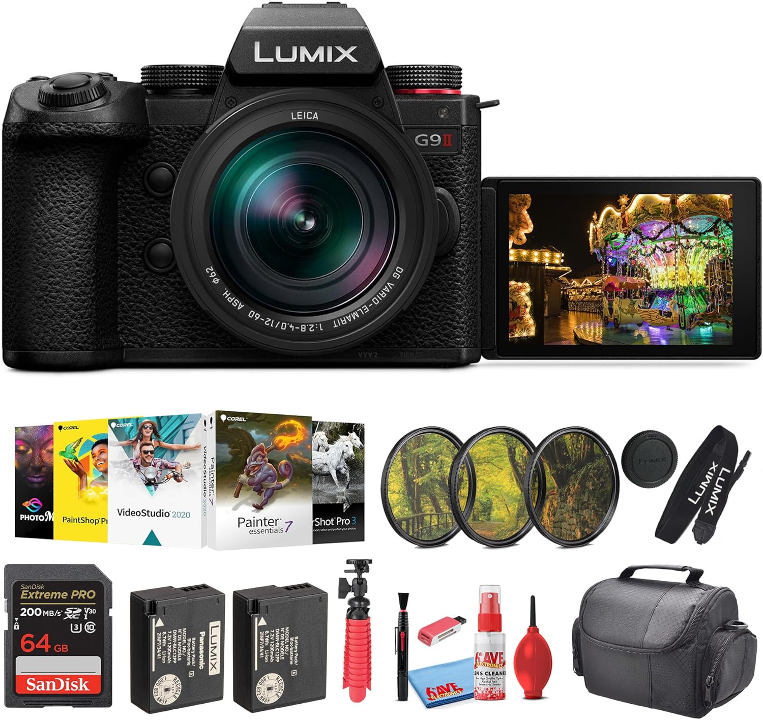 Panasonic Lumix G9 II Micro Four Thirds Mirrorless Camera, 25.2MP with 12-60mm F2.8-4 Lens (DC-G9M2LK) + Filter Kit + 64GB Card + DMW-BLK22 Battery + Corel Photo Software + Card Reader + Bag + More