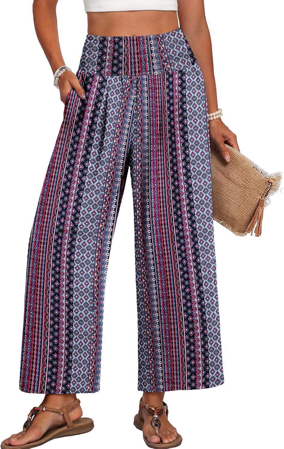Lepunuo High Waisted Wide Leg Palazzo Pants for Women Summer Beach Vacation Lounge Trousers with Pockets 2026 Trendy