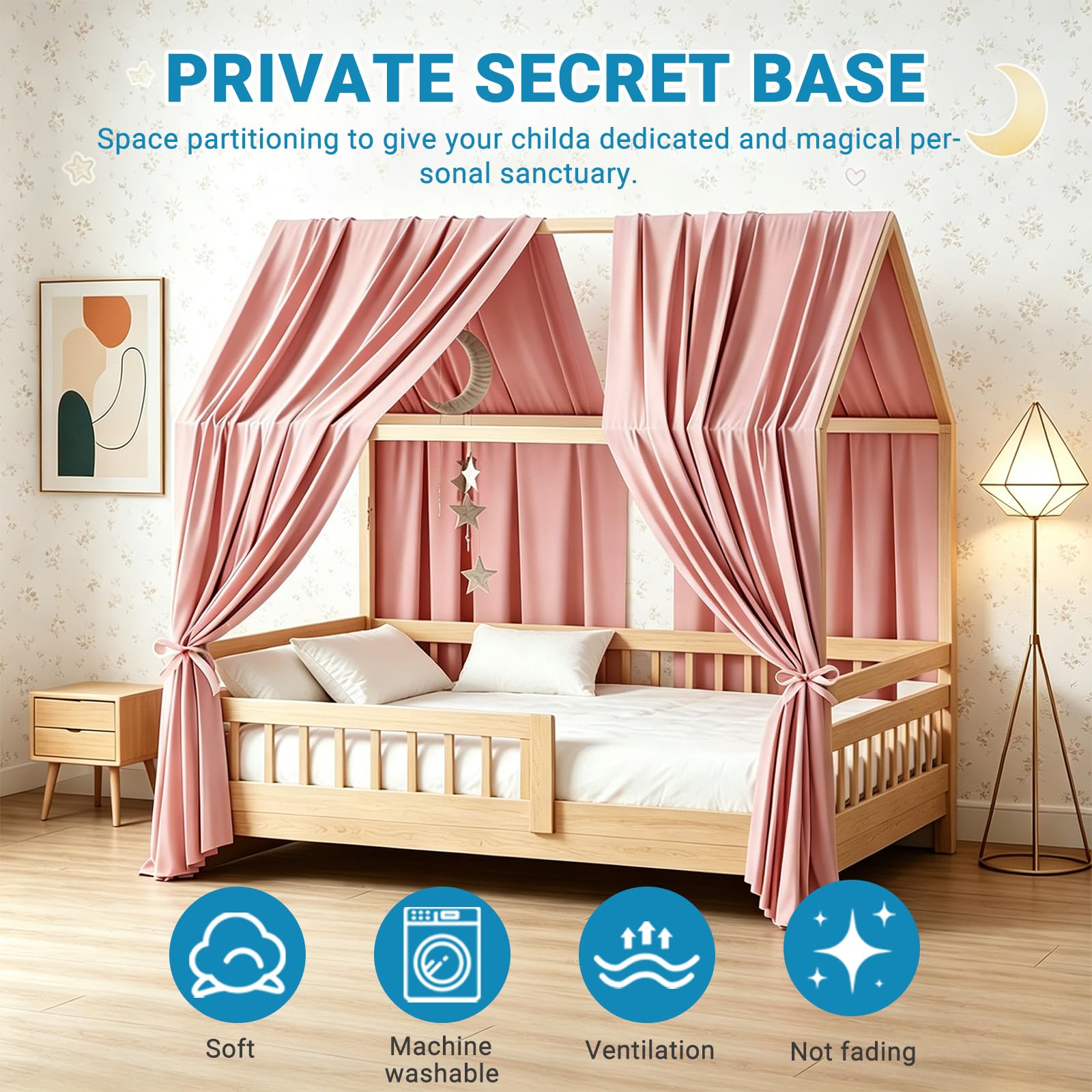 Ciel de Lit Cabane avec 2 Pièces Rideaux Lit-Cabane Enfant, Rideau Lit Cabane, Baldaquin Style Cottage, Baldaquin Ciel en Tissu de Maison Chambre pour Fille Garçon 67 x 270 cm (Rose)
