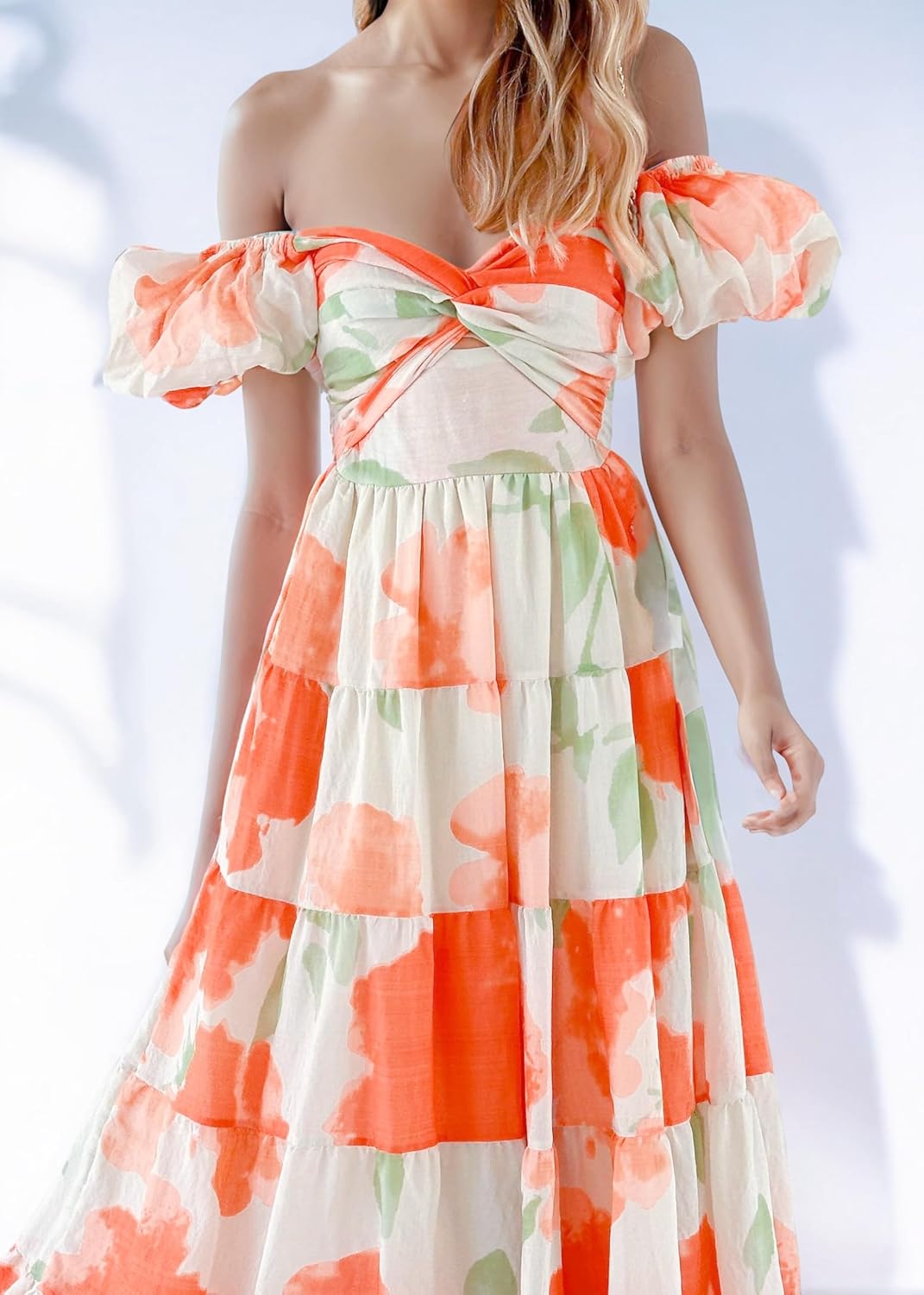 GOLDSTITCH Women's 2026 Boho Floral Maxi Dress Puffy Short Sleeve Cutout V Neck Casual Long Beach Dress - Image 5