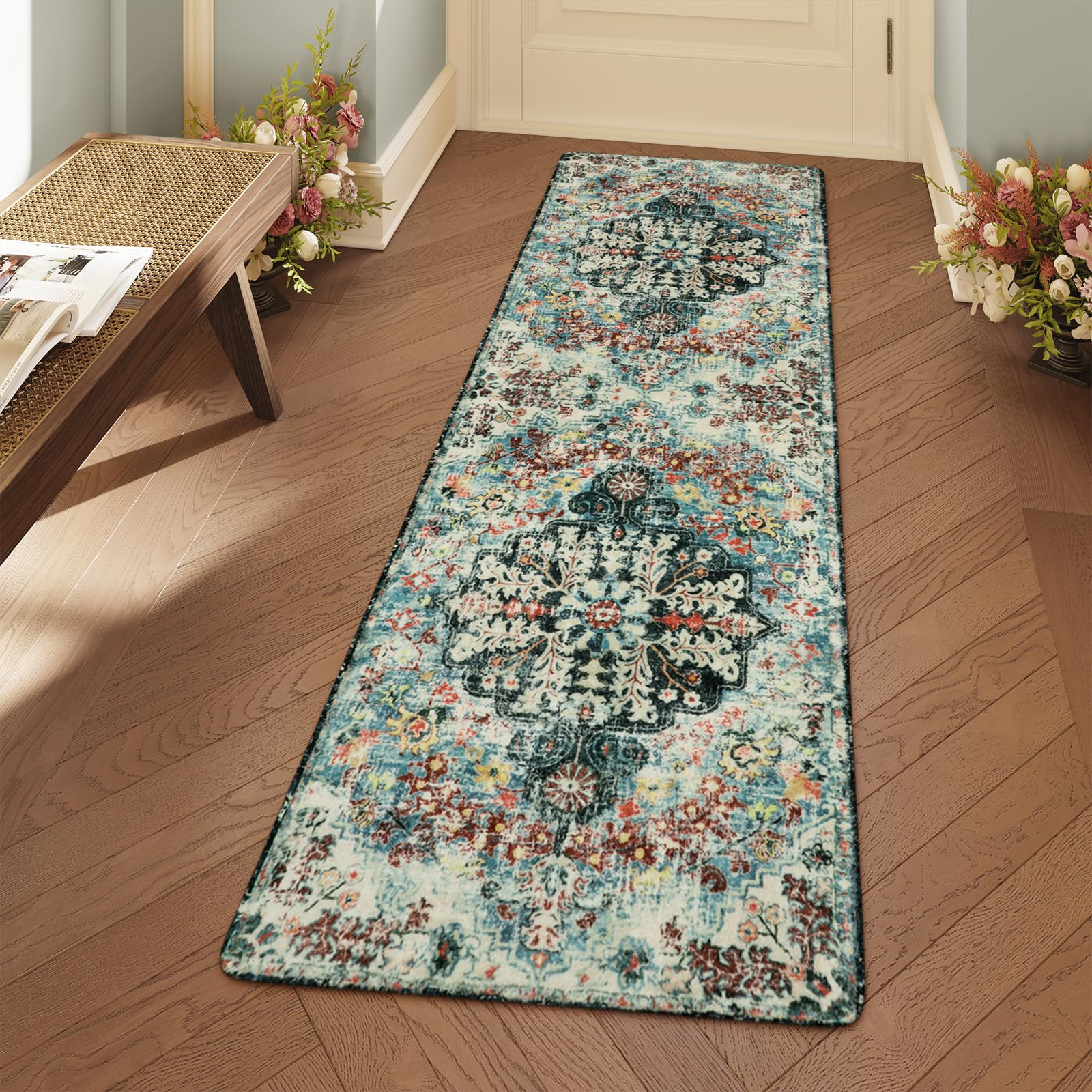 Lahome Reine Bohemian Floral 2'8" x 8' Washable Hallway Runner Rug, Non Slip Kitchen Carpet Runners, Turkish Soft Pet Friendly Stair Mat for Bathroom