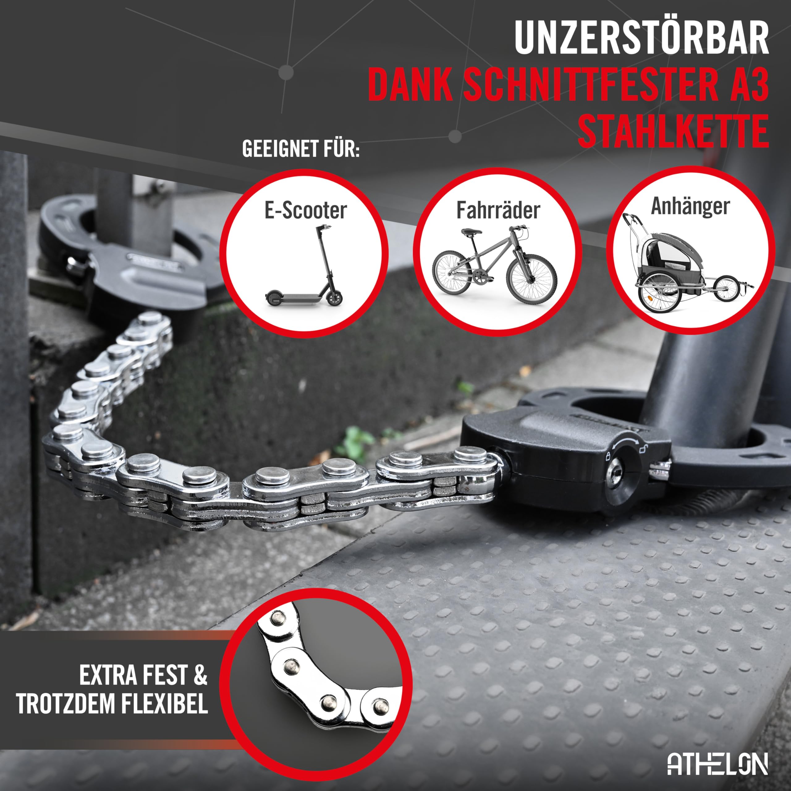 ATHELON Candado para patinete eléctrico (extra seguro), largo y resistente a los cortes, con protección contra arañazos, incluye accesorios [funda y 4 llaves] – para scooter, bicicleta, remolque o