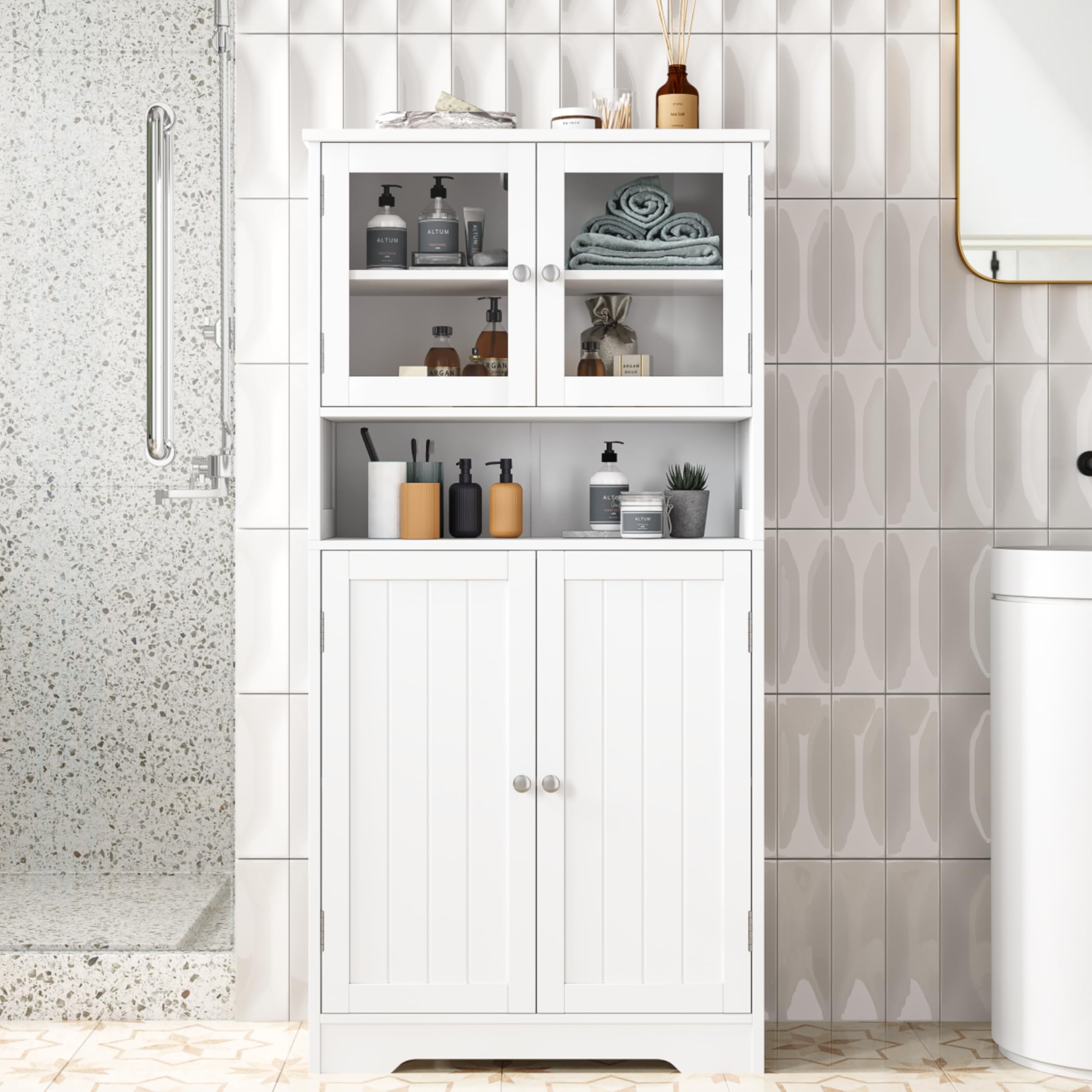 Irontar Bathroom Cabinet, Floor Cabinet with 4 Doors, Bathroom Storage Cabinet with Adjustable Shelves, Display Cabinet for Living Room, Bedroom, Kitchen, White CWG006W