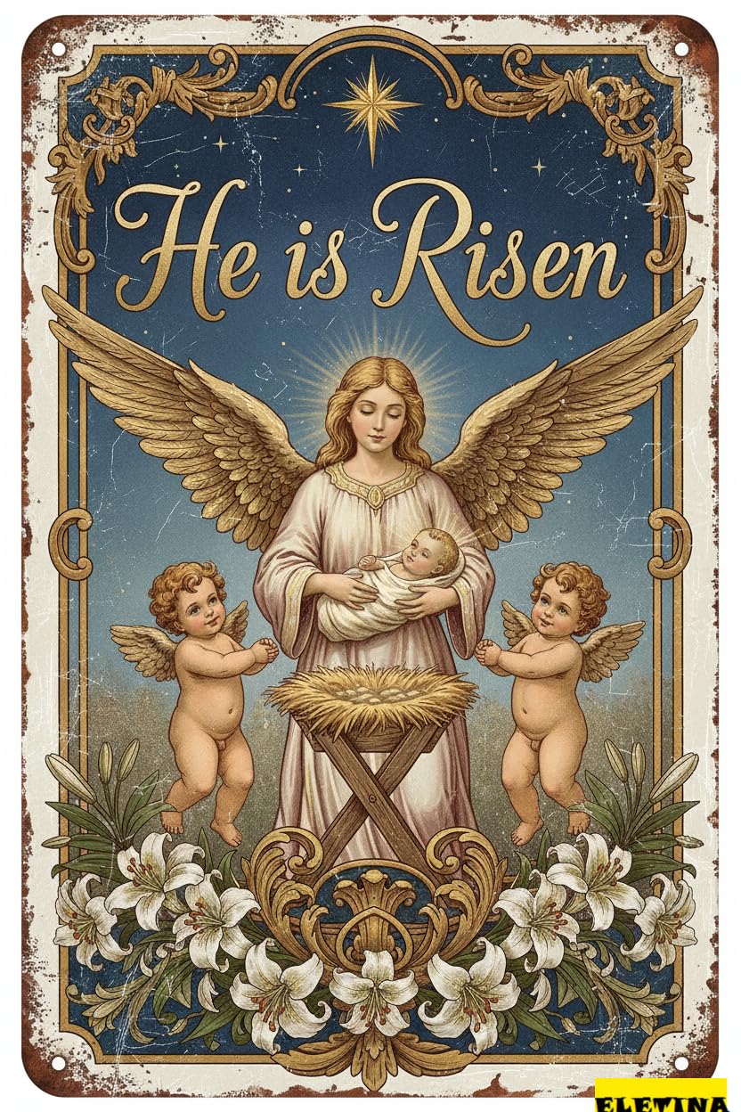 He Is Risen Easter Bible Verse Nativity Scene Cross Aluminum Metal Art Birth Of Jesus Scripture Kid Room 8x12in