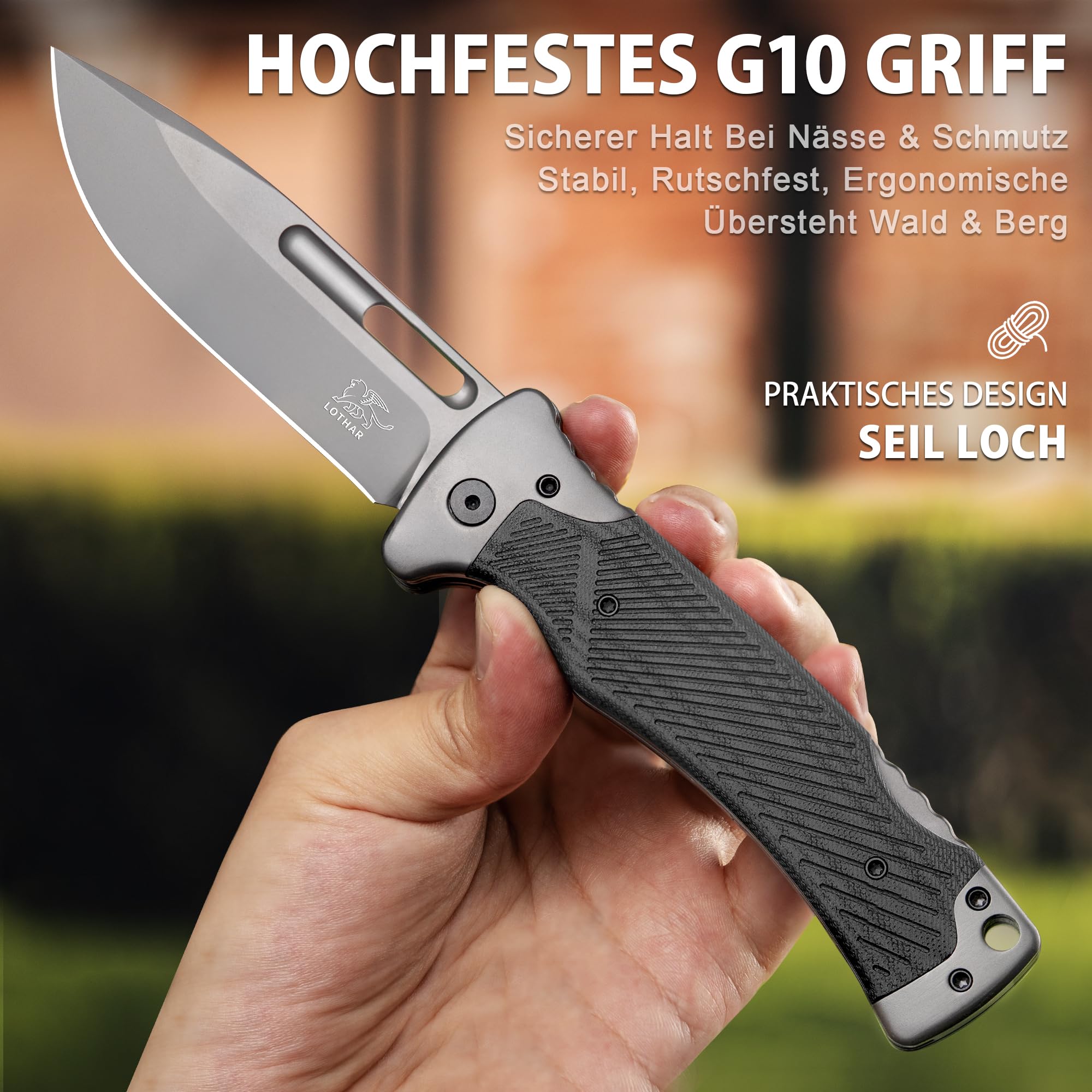 LOTHAR RHINO Zweihandmesser, 10.5cm D2 Stahl Großes Klappmesser