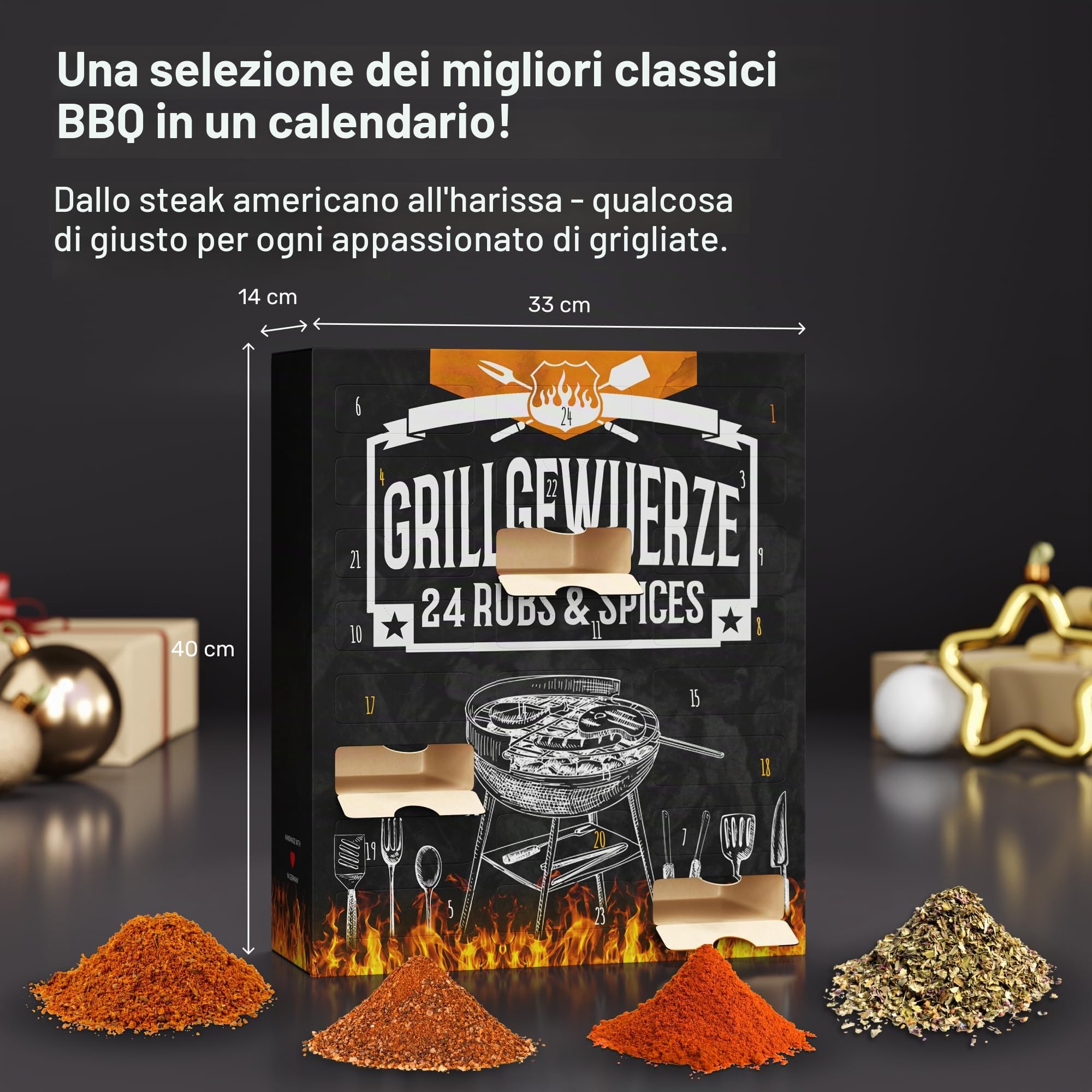 BOXILAND® Calendario dell’Avvento BIO BBQ 2025 – 24 spezie e miscele premium per appassionati di grigliate, barbecue e buongustai – Con aroma fresco, senza additivi, confezionato a mano in Germania