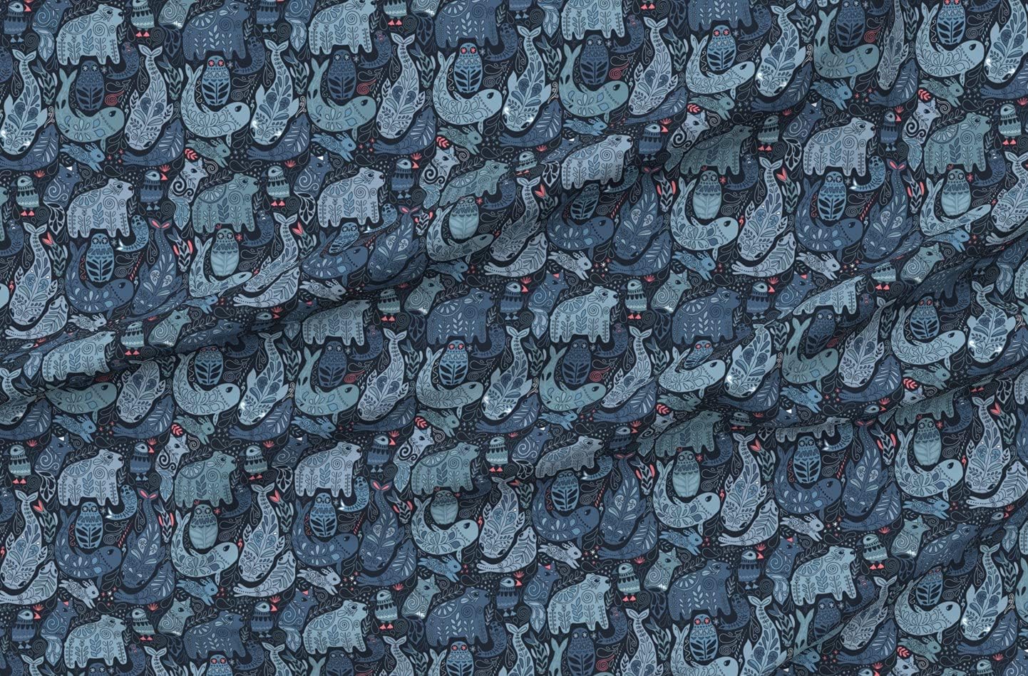 Spoonflower Fabric - Arctic Animals Polar Bear Puffin Whales Owls Bunny Whale Fox Owl Printed on Petal Signature Cotton Fabric by The Yard - Sewing Quilting Apparel Crafts Decor