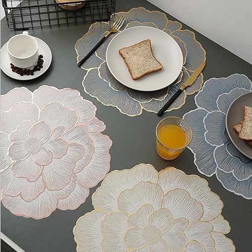 Miniatura 3 de Paquete de 6 manteles individuales de vinilo dorado, manteles individuales florales metálicos, manteles individuales lavables y fáciles de limpiar,