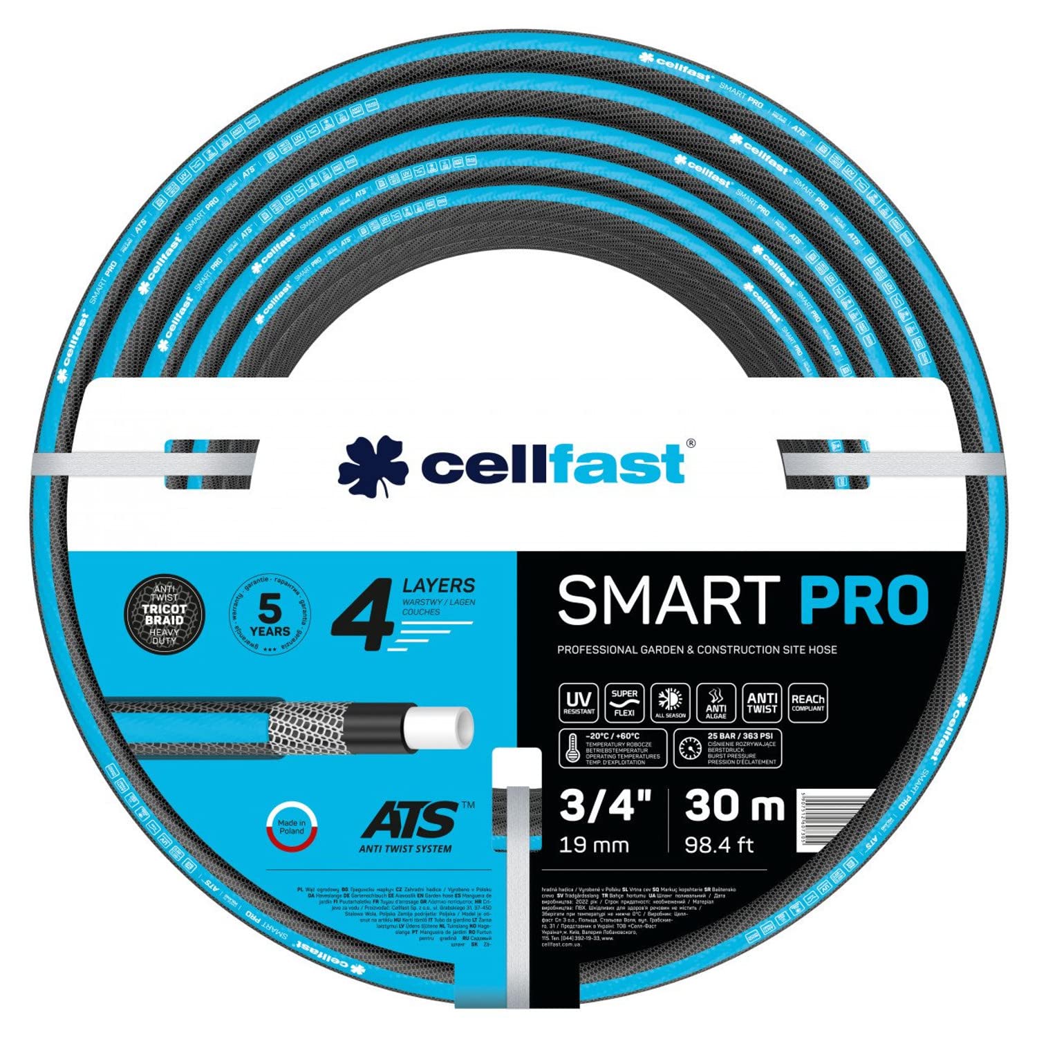 Cellfast SMART PRO ATS 4-lagiger Gartenschlauch ATS Trikotgewebe Flexibel Knickfest UV und Algenfest (3/4" 30 m)