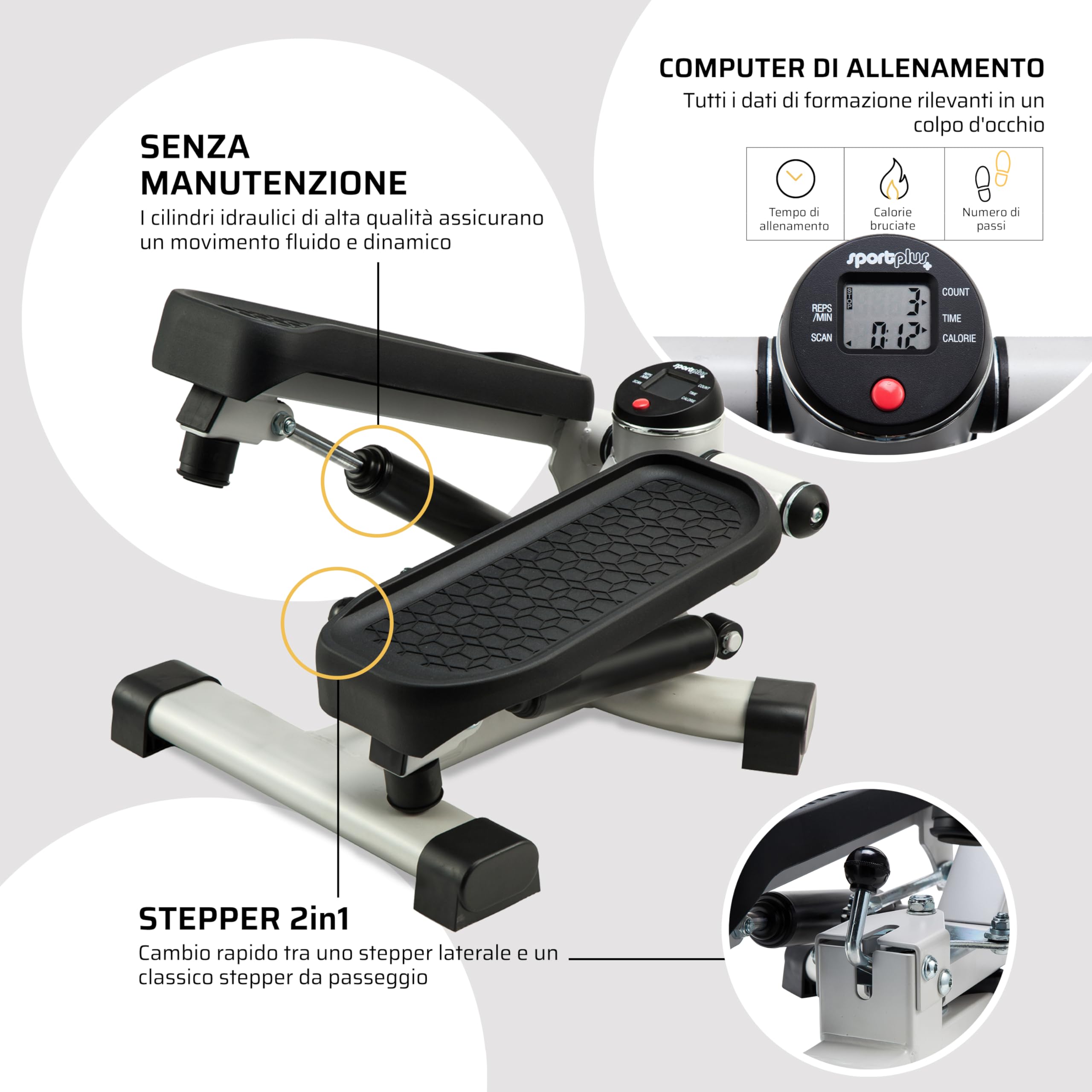 SportPlus Mini stepper 2-in-1 con tecnologia di commutazione brevettata, stepper oscillante e stepper up-and-down in un'unica unità, fino a 100 kg, cilindro idraulico senza usura