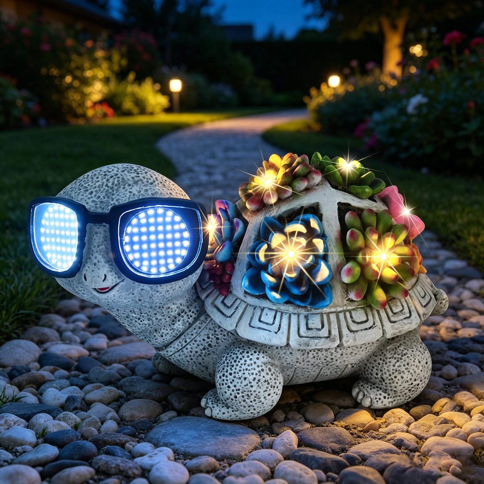 Statues de jardin extérieur tortue solaire avec LED et succulentes