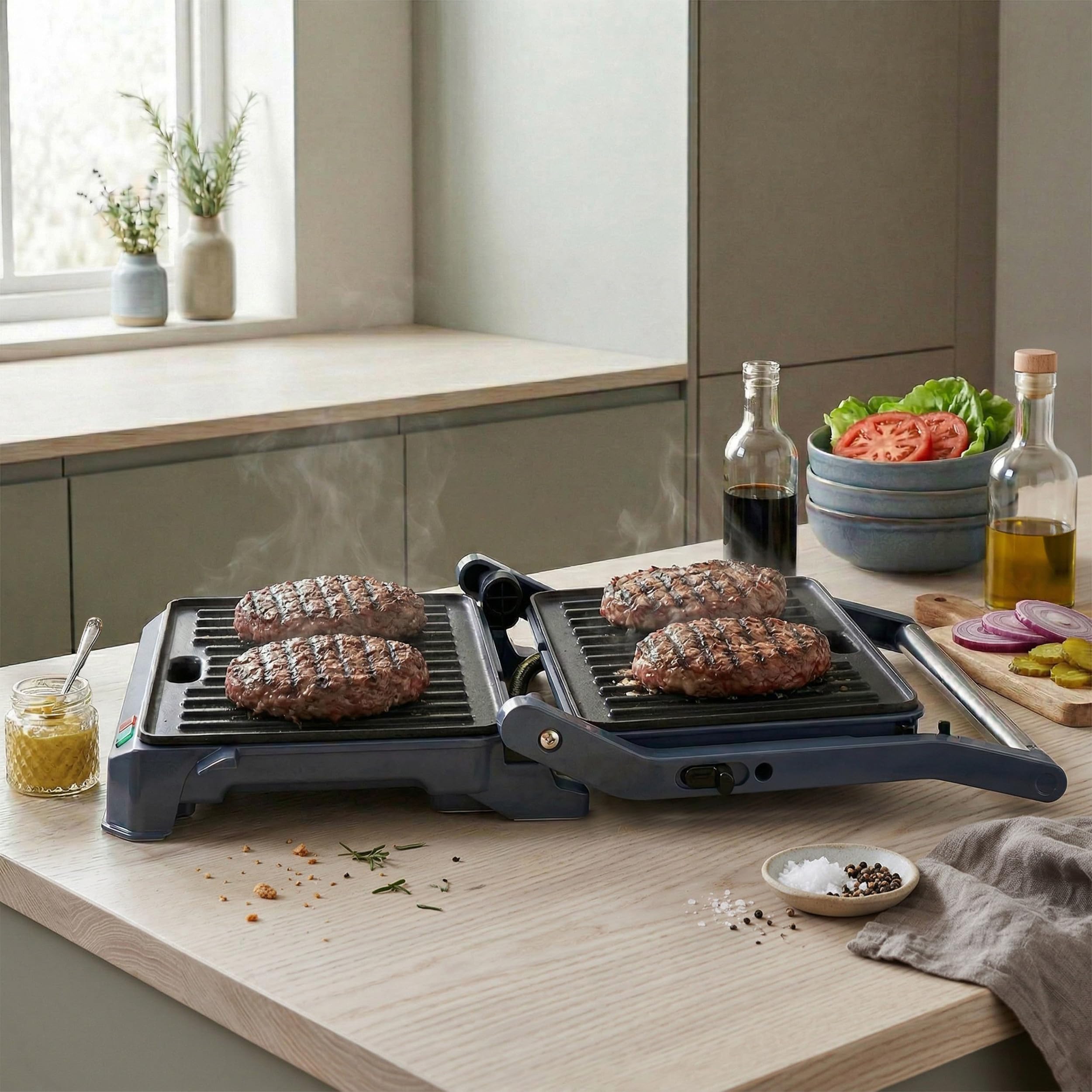 Progress Mellow 180° Health Grill - Piastre di cottura antiaderenti, facile da pulire, vassoio raccogli-gocce integrato, spie luminose di accensione/pronto all’uso, 23 x 14.5 cm, 850 W
