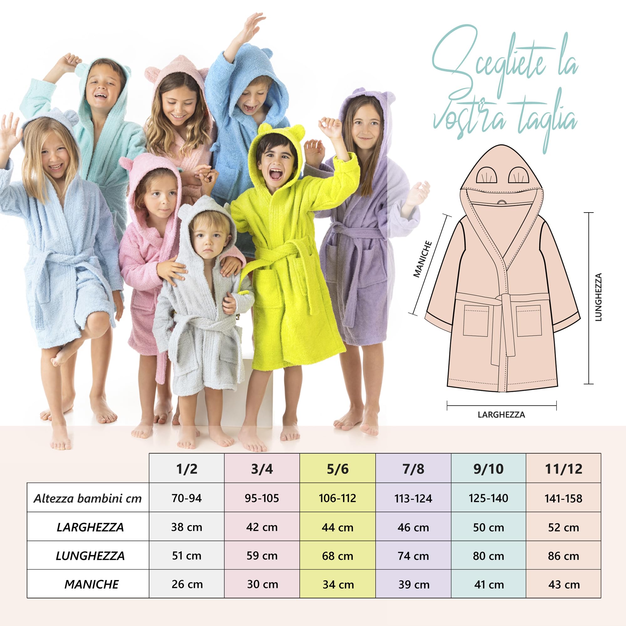 LEBENGOOD - Accappatoio Bambini adolescenti Cotone: Bambino, Bambina, 100% Cotone OEKO-TEX - 2 tasche, cintura, cappuccio