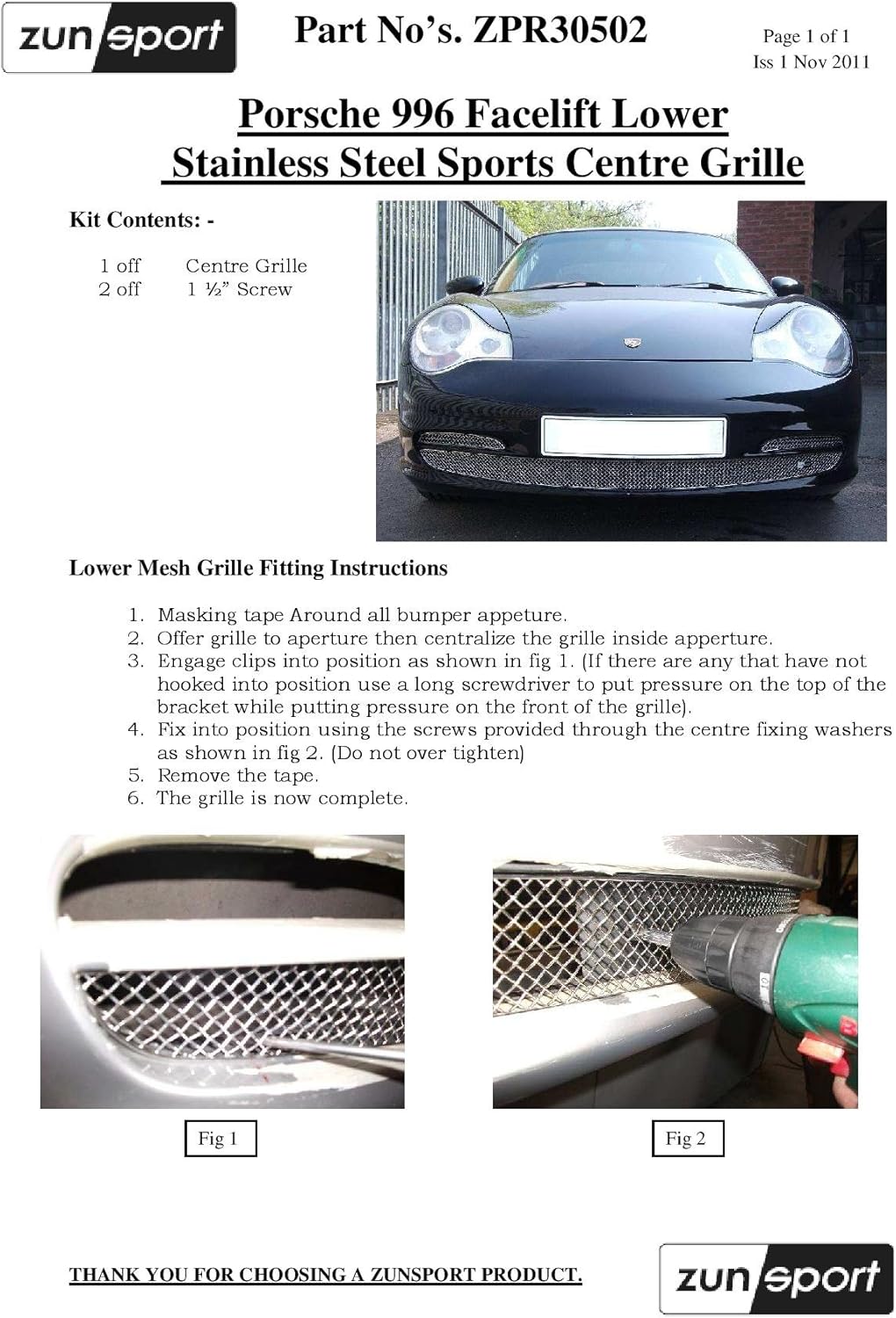 Zunsport Compatible With Porsche Carrera 996 Facelift - Front Grill Set - Black finish (2002 to 2004)