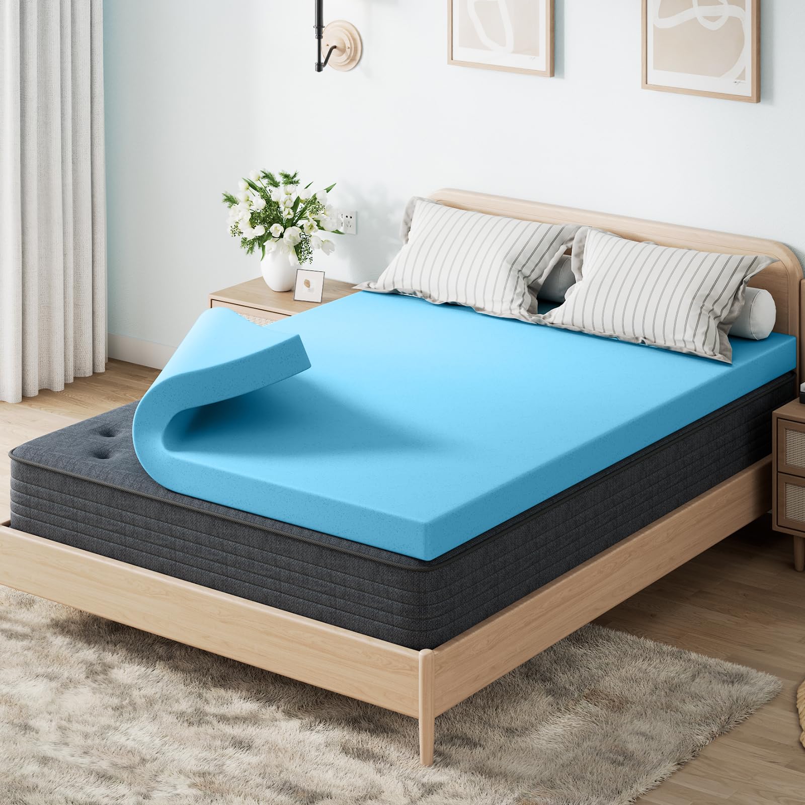 ohgeni 2 inch queen memory foam mattress topper pad with cover, soft bed cover with anti-slip base, enhanced with cooling gel,premium comfort for sleep & back pain relief, removable & washable