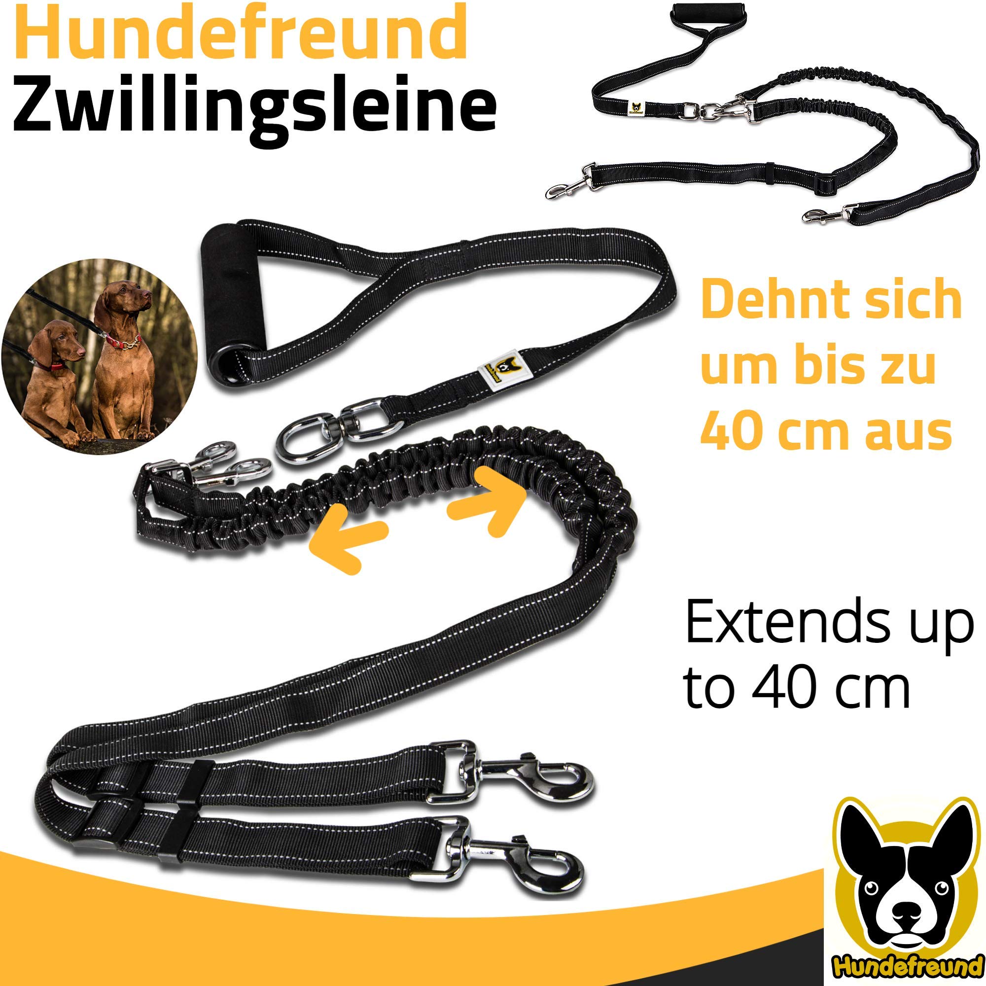 Smycz podwójna - smycz dla 2 dużych psów od 20 kg - podwójna smycz rozciągliwa, odblaskowa od 150 do 220 cm, z miękkim uchwytem