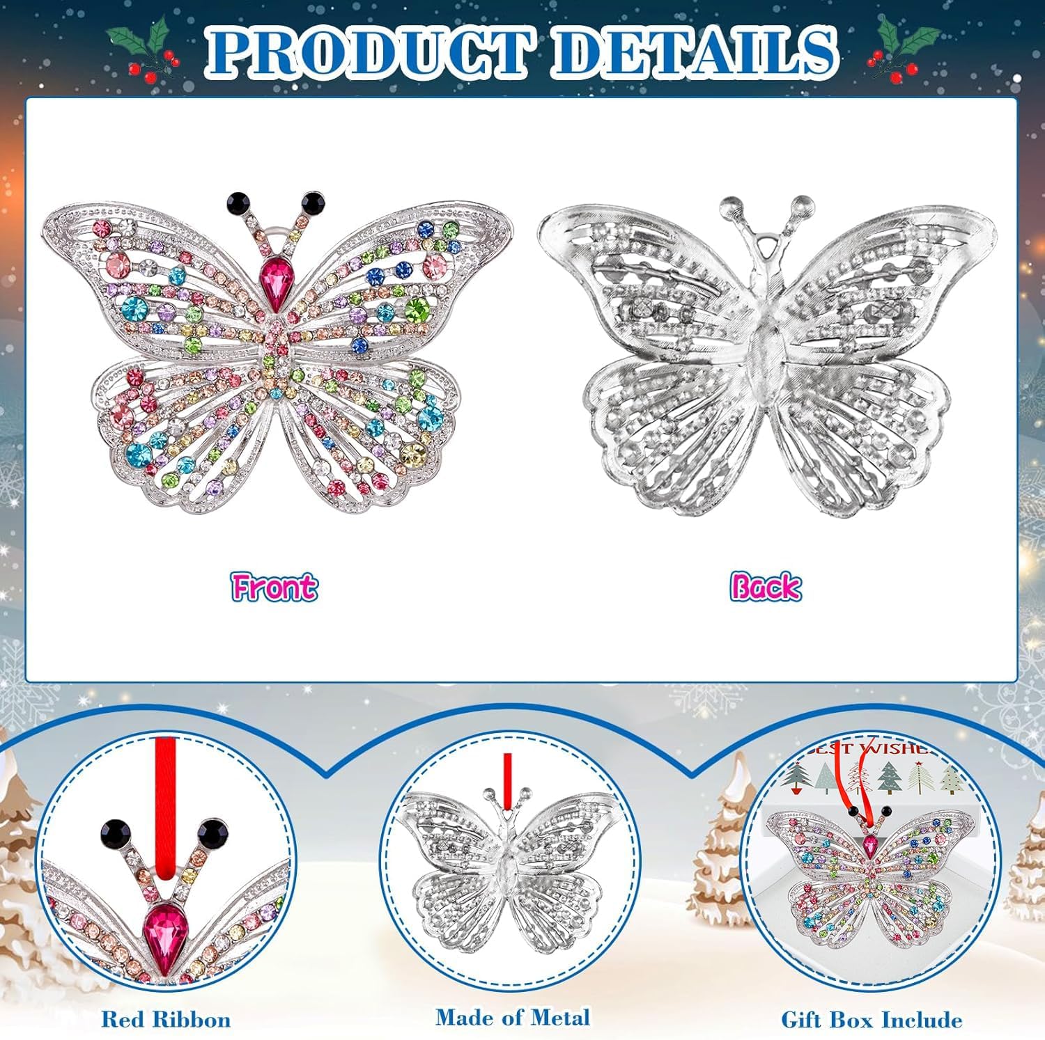FaCraft Butterfly Christmas Ornaments 2025 - White Metal Colorful Crystal Monarch Butterfly Ornaments for Christmas Tree Decorations Holiday Xmas Gifts for Girls Sisters Mom Women Friends Home Decor - Image 7