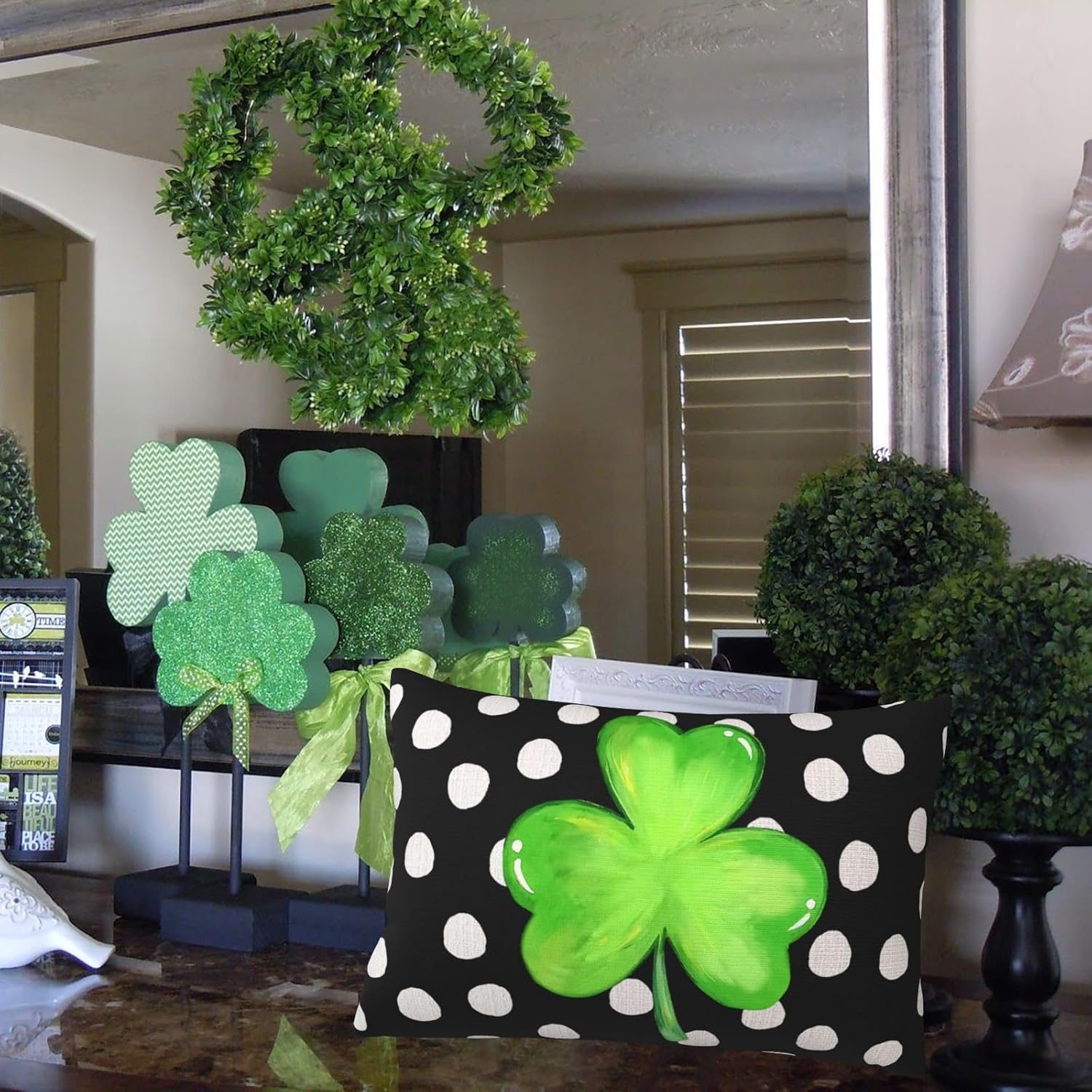 St Patricks Day Shamrock Throw Pillow Cover, Green Clover Polka Dots Irish Holiday Outdoor Decor, Double Sided Linen Lumbar Pillow Cover, 12X20 Inch Farmhouse Spring Cushion Case - Image 4