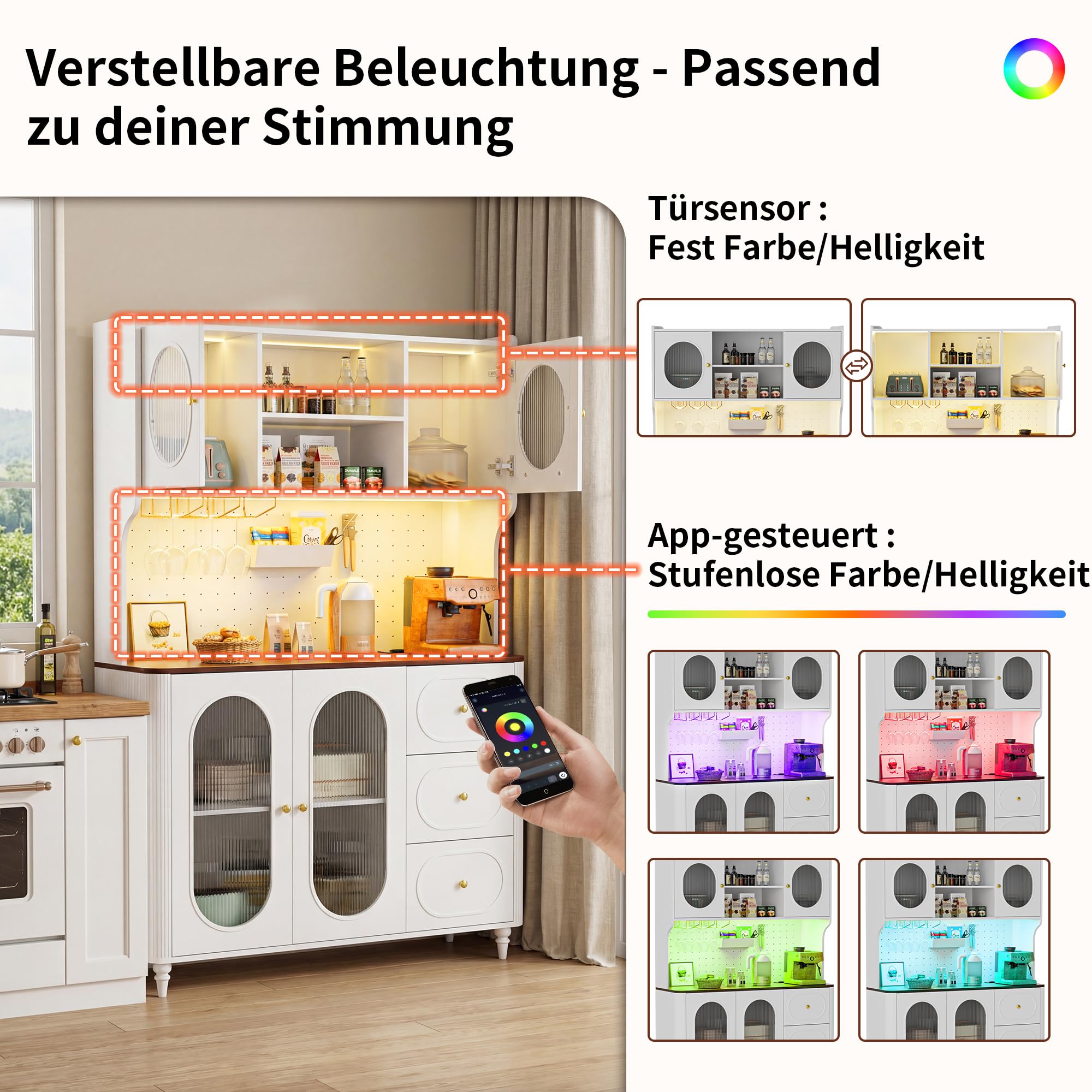 BonVache Küchenschrank, Kommode Küche mit Steckdosen und Led-Lichtleisten, Hochschrank Küchenbuffet, Sideboard, 2 Offene Fächer 3 Schubladen, Esszimmerschrank für Wohnzimmer Küche,120x41x180cm,Weiß