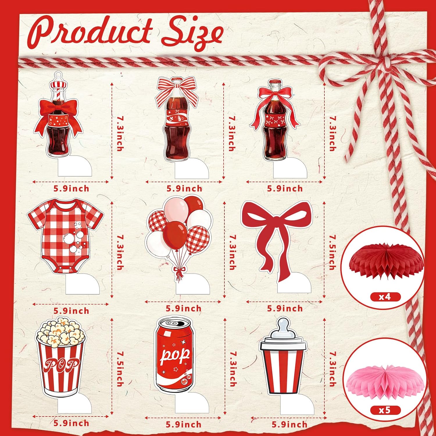 9Pcs Shes Ready to Pop Baby Shower Decorations Pink and Red Soda Pop Popcorn Baby Theme Honeycomb Centerpieces She's About to Pop Table Decorations for Baby Shower Gender Reveal Party Supplies