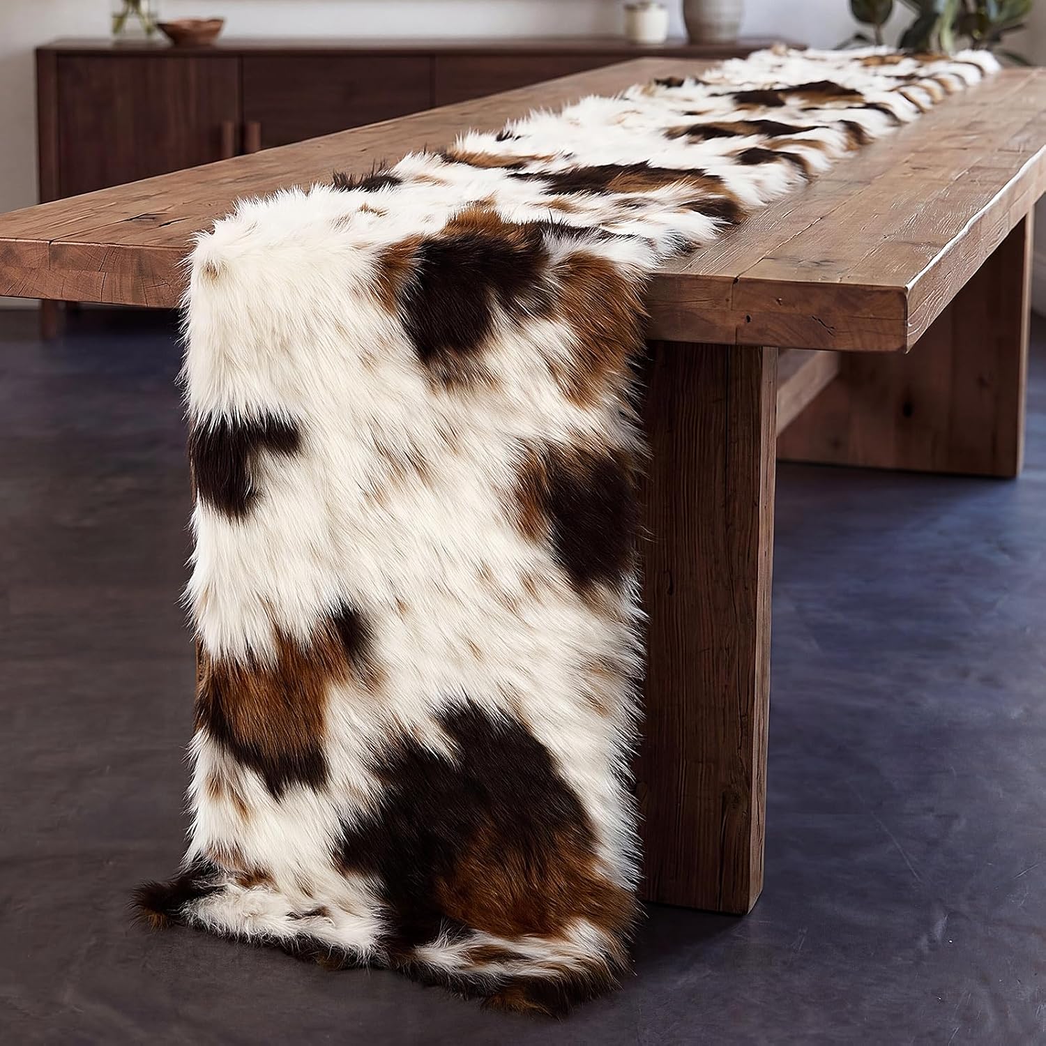 Chumia Faux Fur Plush Cow Hide Table Runner 72x13 Inch Western Table Runners Western Cowboy Decor for Country Farm Animal Fur Skin for Kitchen Dining Home Decoration