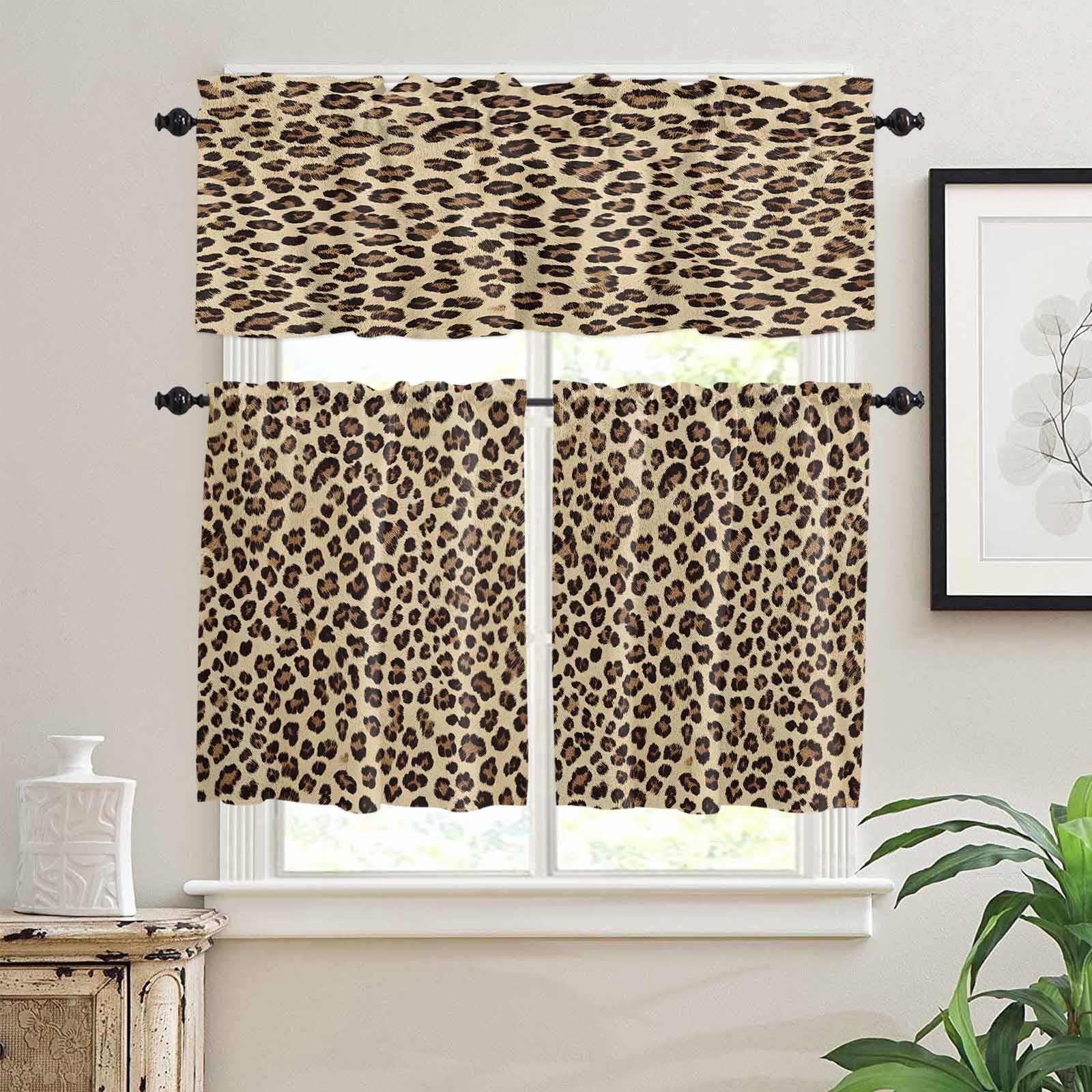 Leopard Kitchen Curtains 36 Inch Length,3 Piece Rod Pocket Small Half Tiers and Valance Set,Brown Black Beige Modern Abstract Impressionist Small Large Window Treatment Decor for Bedroom/Bathroom