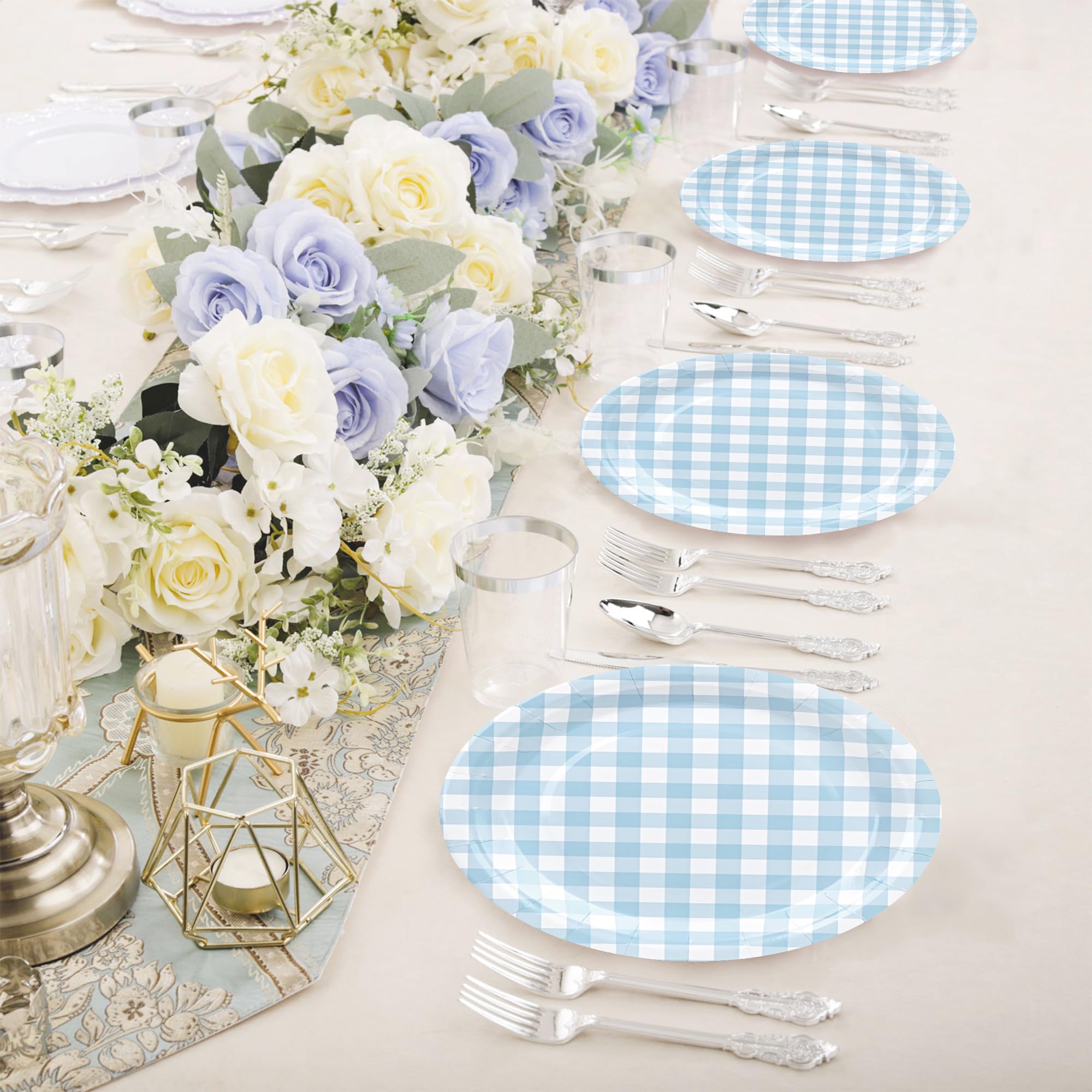 48 platos de papel azul a cuadros desechables de 9 pulgadas, platos decorativos para servir postres, para baby shower, boda, fiesta de cumpleaños