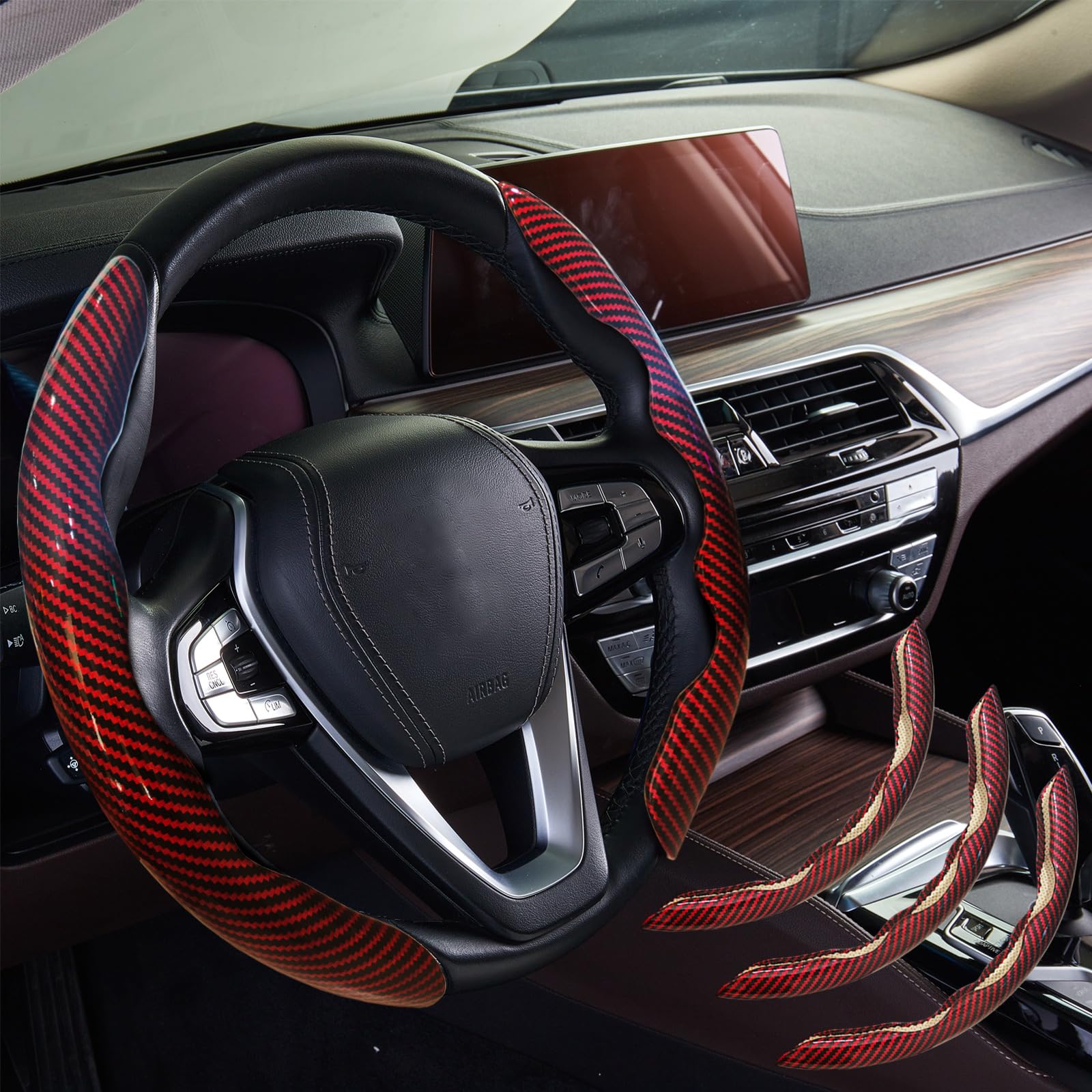 WOCOCN Carbon Fiber Car,Steering Wheel Cover with Non-Slip Lining, Multiple Color Options,Universal for Most Car Interiors Accessories (Bright Red 3PCS)