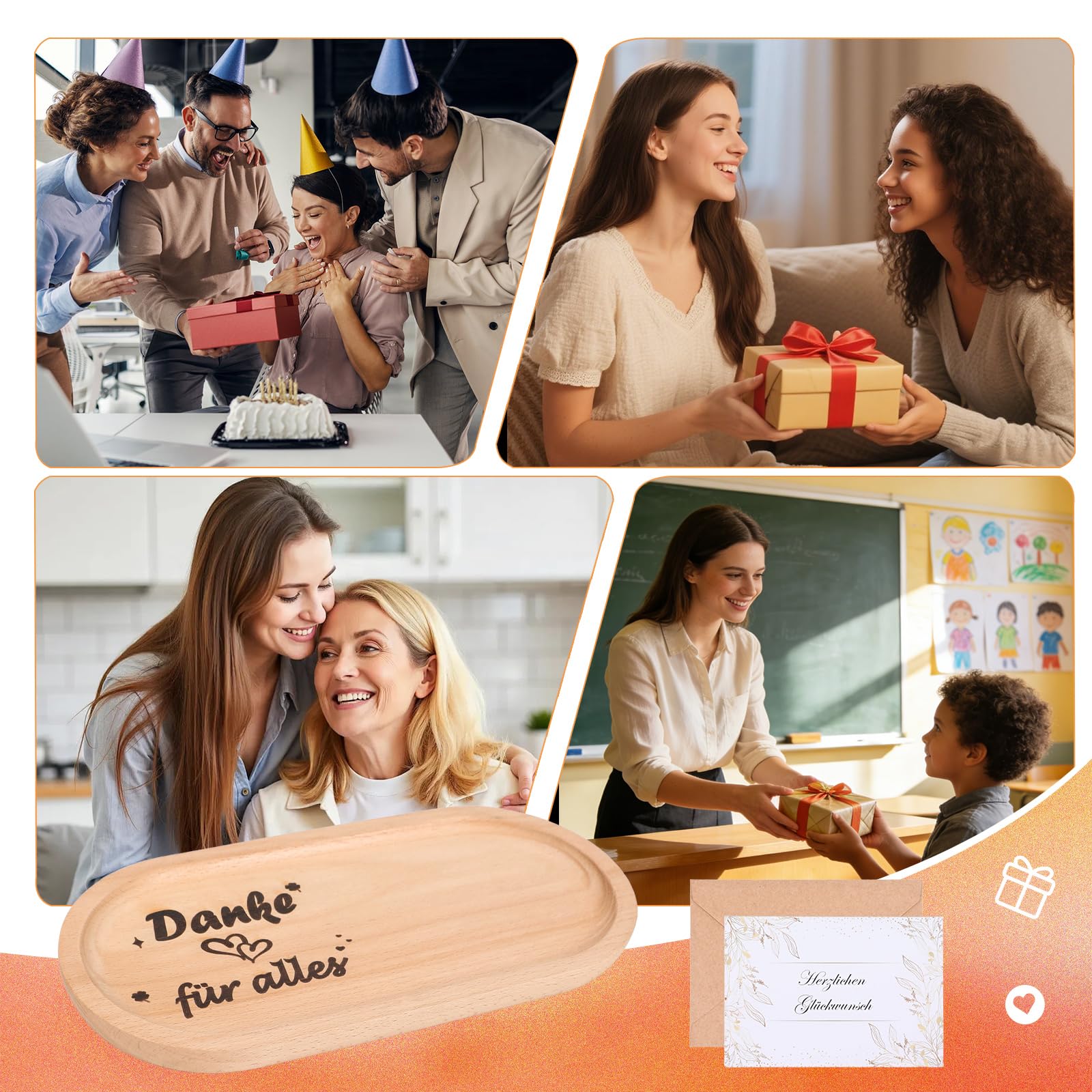Seutgjie Kleines Dankeschön Geschenke für Kollegen Erzieherin Lehrer Personalisiertes Holztablett mit Gravur und Grußkarten Holz Deko Kleine Aufmerksamkeit Mitarbeiter Geschenke