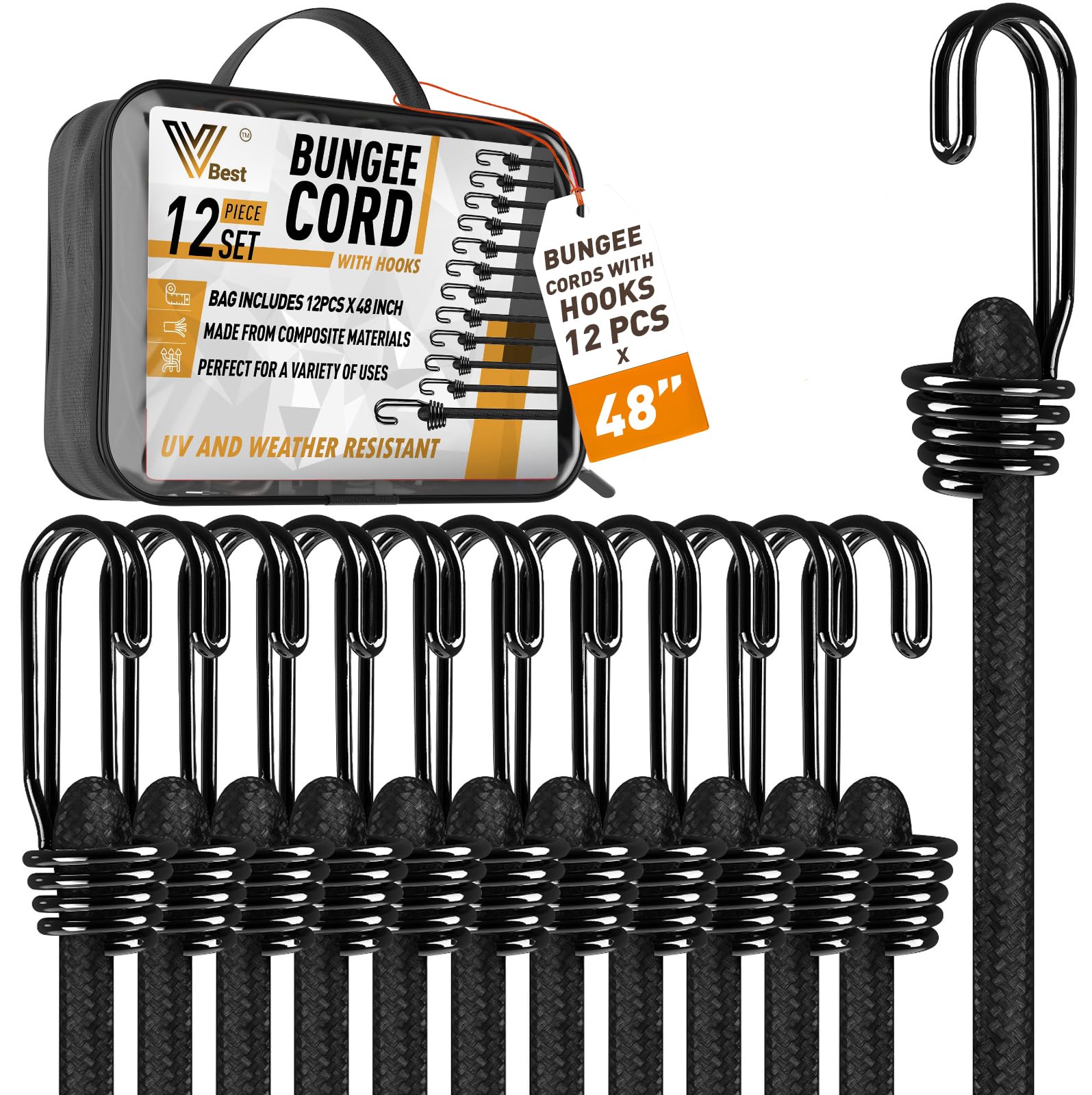 Vbest 12-Piece Bungee Cord Set With Hooks - UV & Weather Resistant, Assorted Sizes With Carry Bag