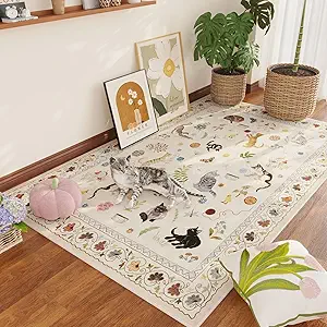Area Rug 4x6 Rug Washable Boho Rugs Non Slip Low Pile Floral Animal Cat Small Carpet for Bedroom Bedside Kids Room Office Dining Room, Beige