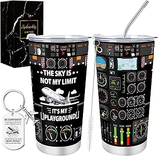 Pilot Aviation Gifts for Men - 2Pcs Pilot Gifts Set, 20Oz Insulated Tumbler, Airplane Keychain, Christmas Graduation Retirement Birthday Presents for Aviation Lovers Son Husband Dad