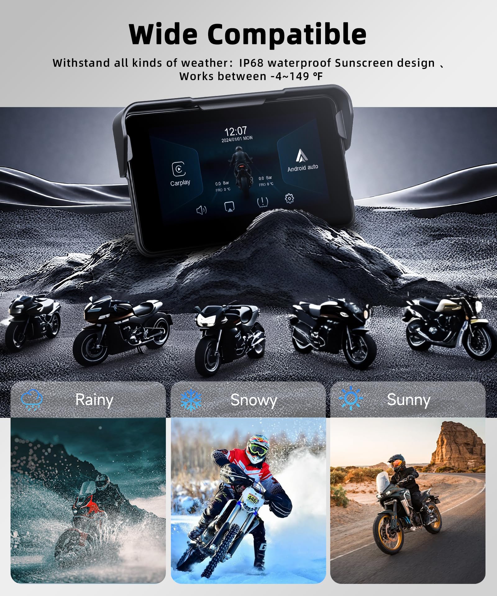 VECHTEL Kabelloser CarPlay Bildschirm 5 Zoll für Motorrad-Tragbares CarPlay & Android Auto,Wasserdichter Touchscreen mit Dual-Bluetooth,NAV/Siri Assistant/12V,Unterstützt Reifendruckkontrolle