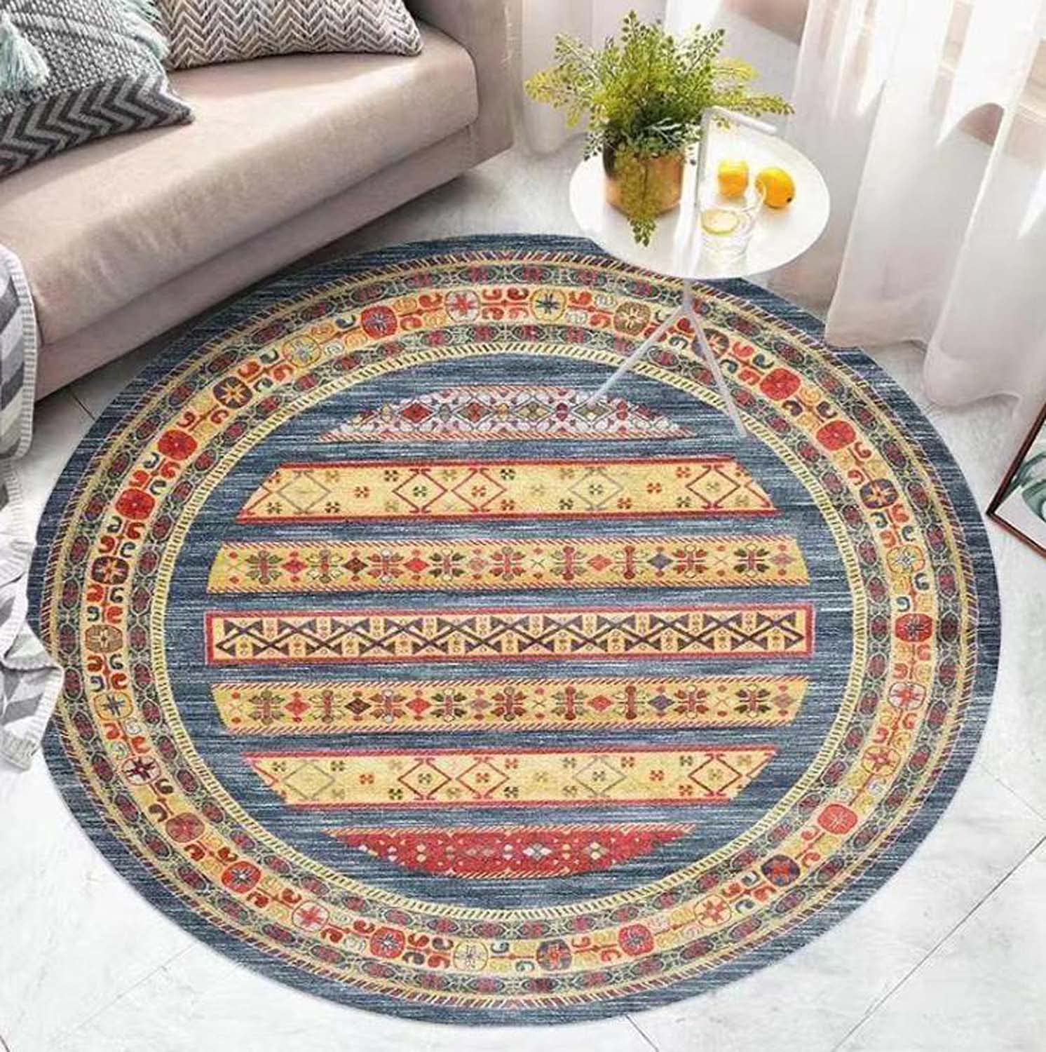 Dhao Cotton Tapis Rond Lavable en Machine Motif Mandala Européen pour Salon Chambre à Coucher Bureau Style Folk Épaississement Différentes Tailles Tapis Ø 200 cm