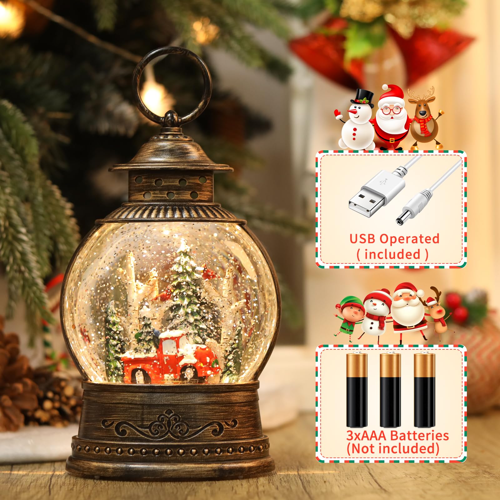 Boule à neige musicale de camion rouge, décorations de Noël musicales, minuterie 6H, fonctionnement USB/piles, camion rouge, décoration d'intérieur