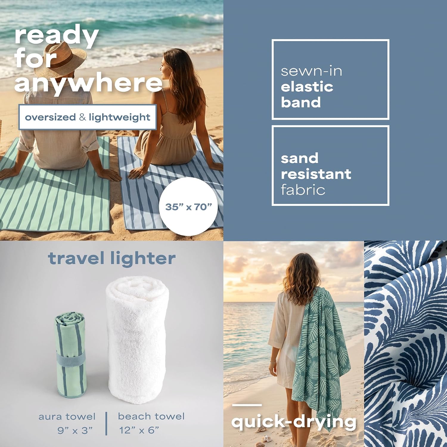 S&T INC. Aura Beach Towel 2 Pack, Quick-Dry Pool Towels with Elastic Band for Travel, Gym, and Yoga, Sand Resistant, 35 inches x 70 inches, Leaves