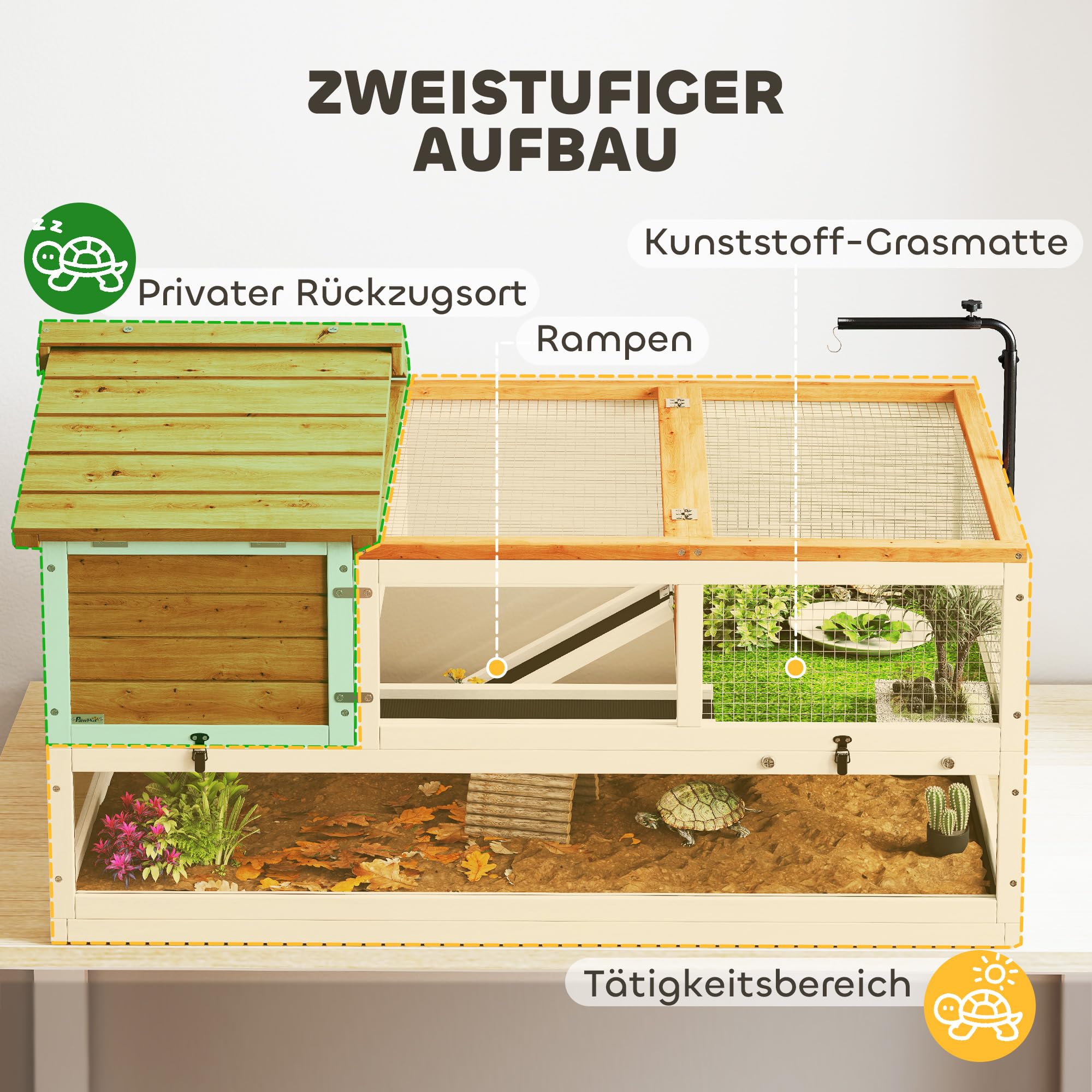 PawHut Schildkrötenhaus aus Holz Schildkrötengehege mit Zwei Haupthäusern aufklappbarem Oberseite Lampenhalter, Outdoor Reptilienkäfig Terrarium für Schildkröten Reptilien 116 x 70,5 x 69,5cm Orange