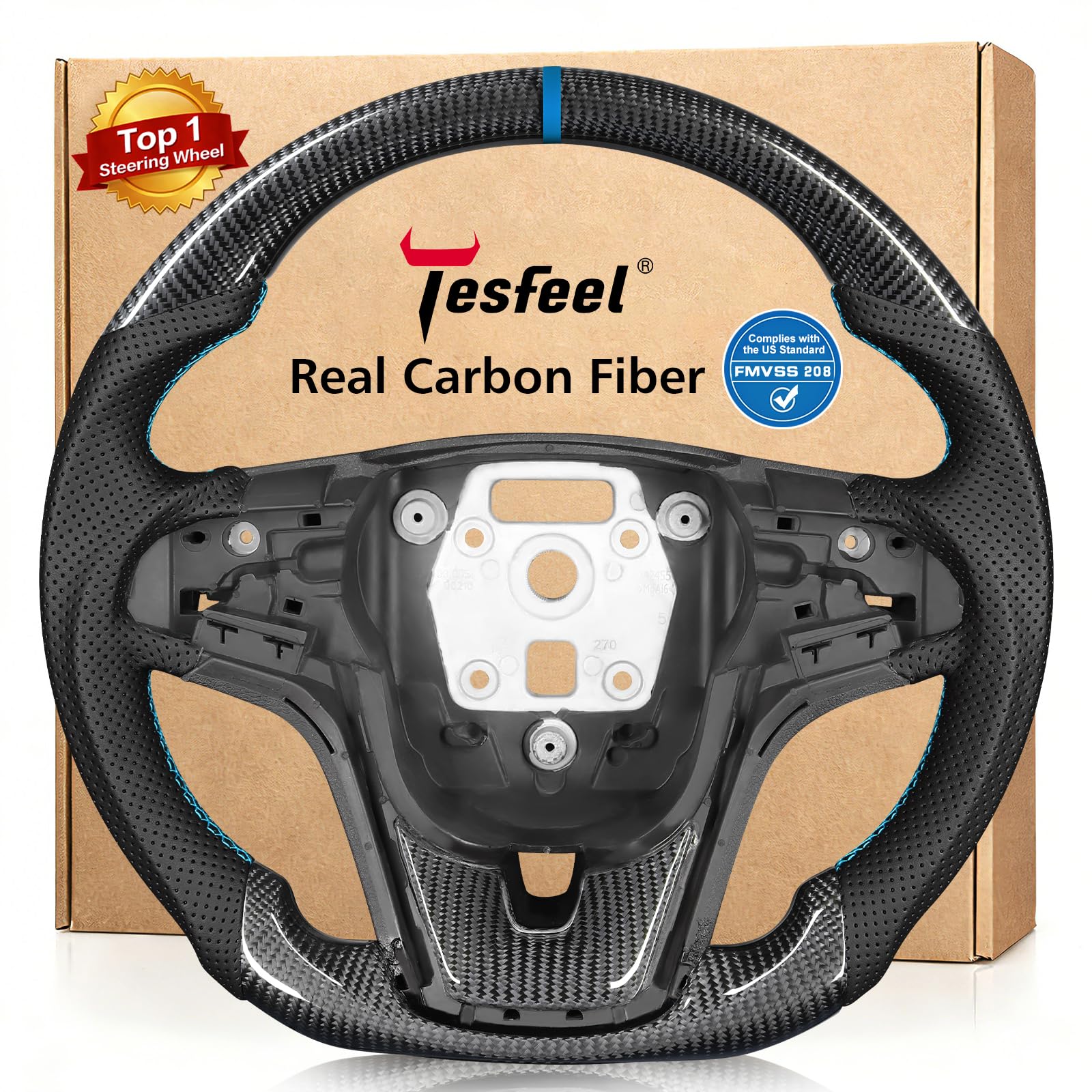 Real Carbon Fiber Steering Wheel Compatible with Chevrolet Camaro 2012-2014 -Customized D-Shaped Flat Bottom,Black Nappa Leather with Blue Stripe,Paddle Shifter Ready(Fits For LS/LT/RS/SS/ZL1)