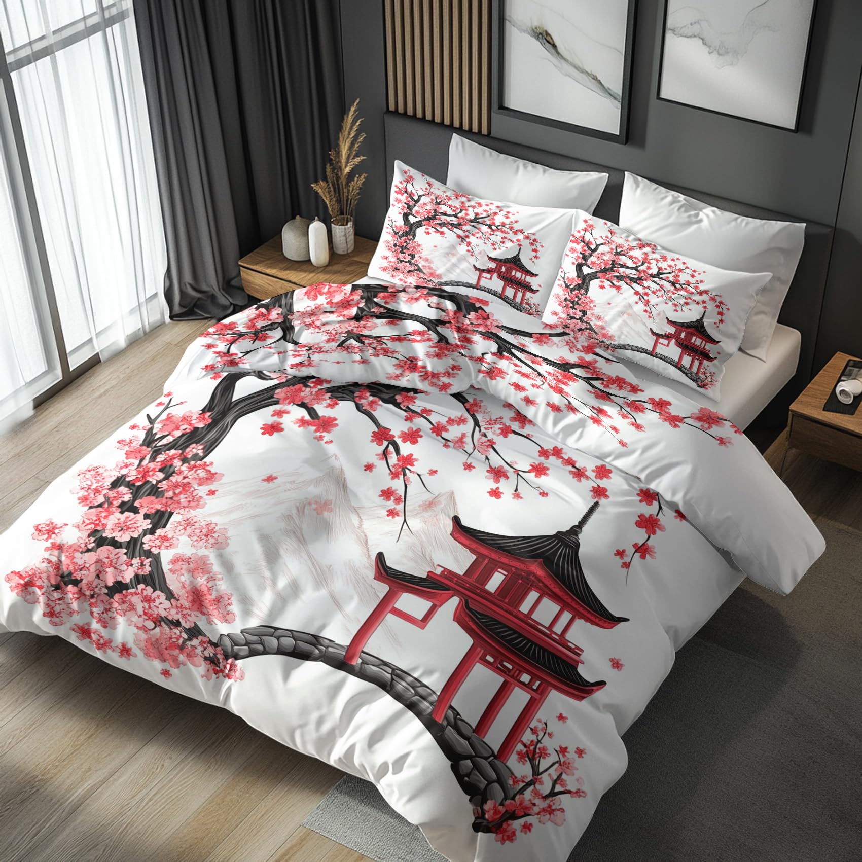Nogawa Multicolor Japanese Cherry Blossom King Size Duvet Cover Sets - Asian Bedding King - Reversible Quilt Cover & 2 Pillowcases With Zip And Ties, Ultra Soft And Non Iron Brushed Microfibre Bed Set