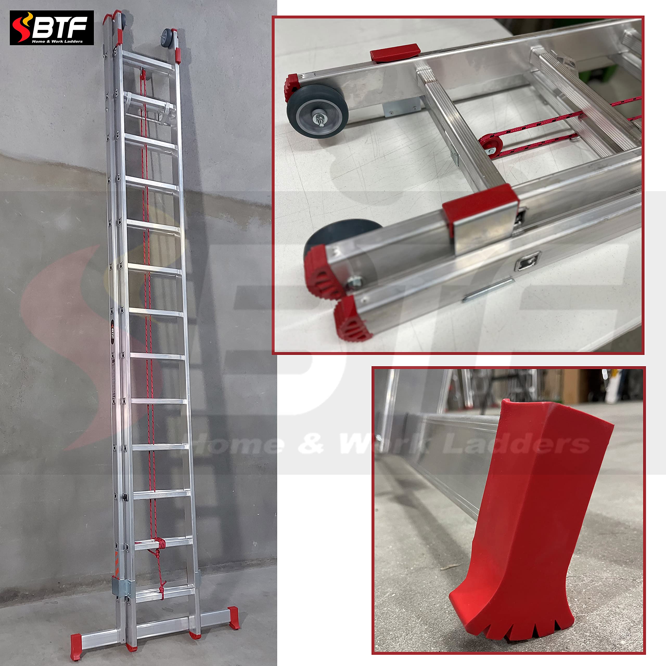 BTF Escalera de Mano Profesional de Aluminio 2 Tramos x 11 Peldaños, Extensible por Cuerda, Altura Extendida 5,6m, Barra Estabilizadora | Uso Profesional, Carga 150kg, Norma EN131. Ref: BTF-EDEAC8035