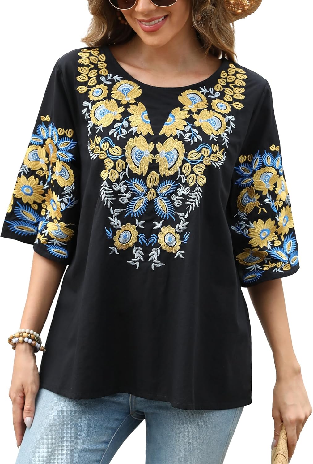 Higustar Summer Women's Embroidered Tops Mexican Boho Fiesta Blouses Bohemian Peasant Tunic Embroidery Shirts - Image 2